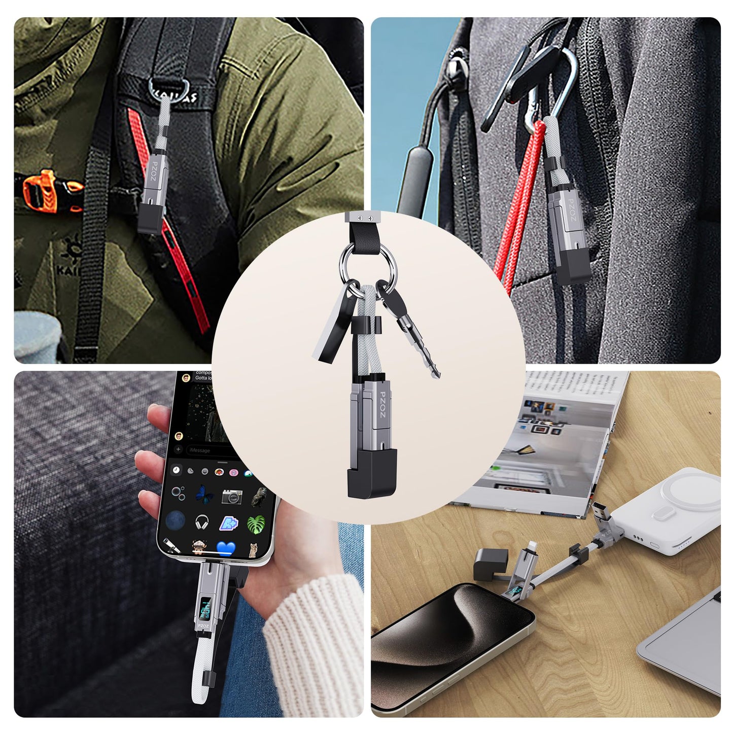 Cargador de Llavero Portátil pzoz Negro con Visualización LED Multi USB Carga Rápida para iPhone iPad MacBook AirPods Samsung Google