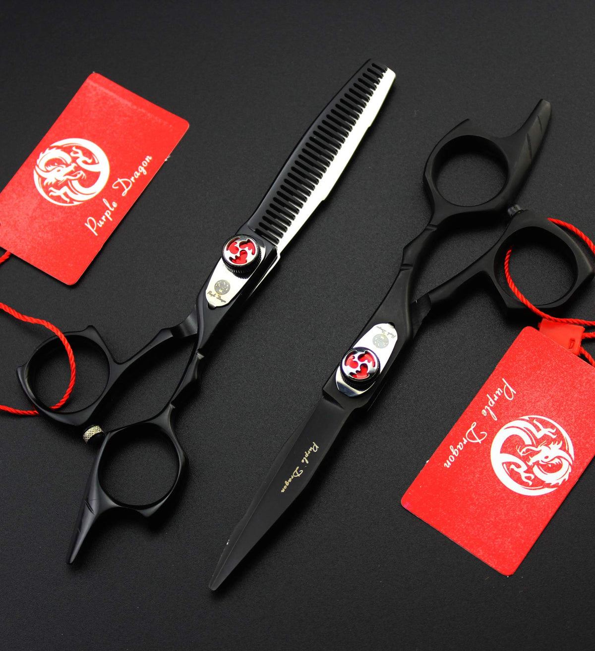 Purple Dragon Tijeras de Corte de Pelo y Tijeras de Adelgazamiento de Acero Inoxidable Japonés 440C, 14 cm, con Bolsa, Color Negro, Perfectas para Peluquería Profesional