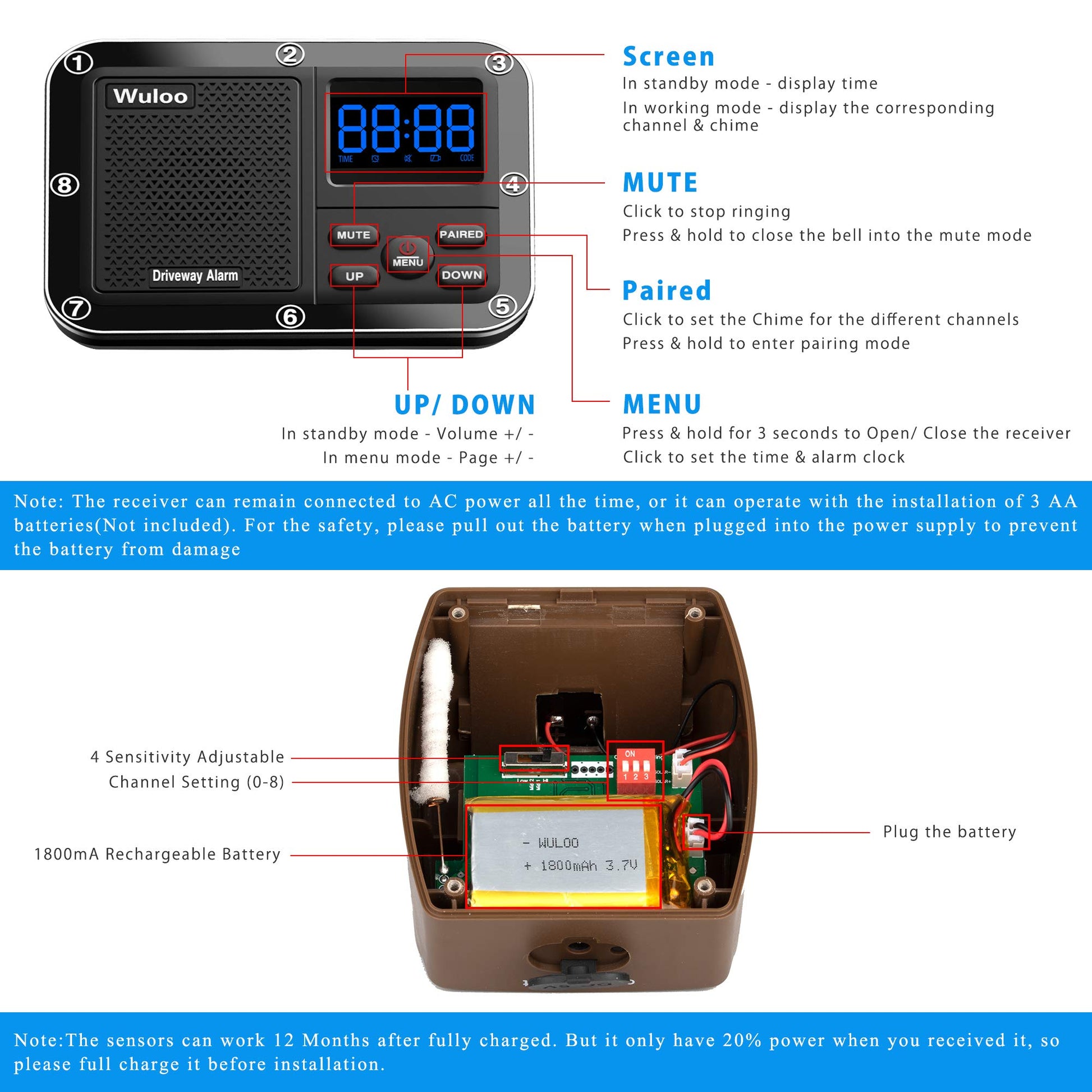 Alarma solar inalámbrica para entrada exterior de 1600 pies, sensor de movimiento al aire última intervensión y sistema de alerta de entrada con batería recargable, resistente a la intemperie, modo de