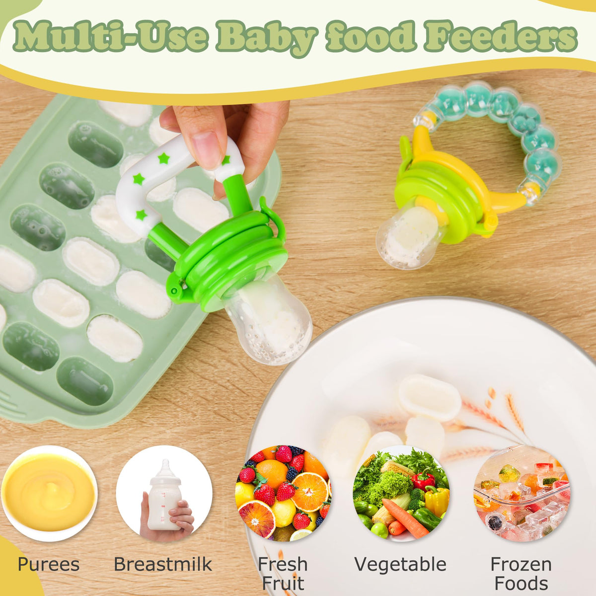 WAJIAYON - Alimentador de frutas para bebés y moldes para paletas de leche materna, bandeja de almacenamiento para congeladores de alimentos para bebés, alimentador para chupetes y mordedores