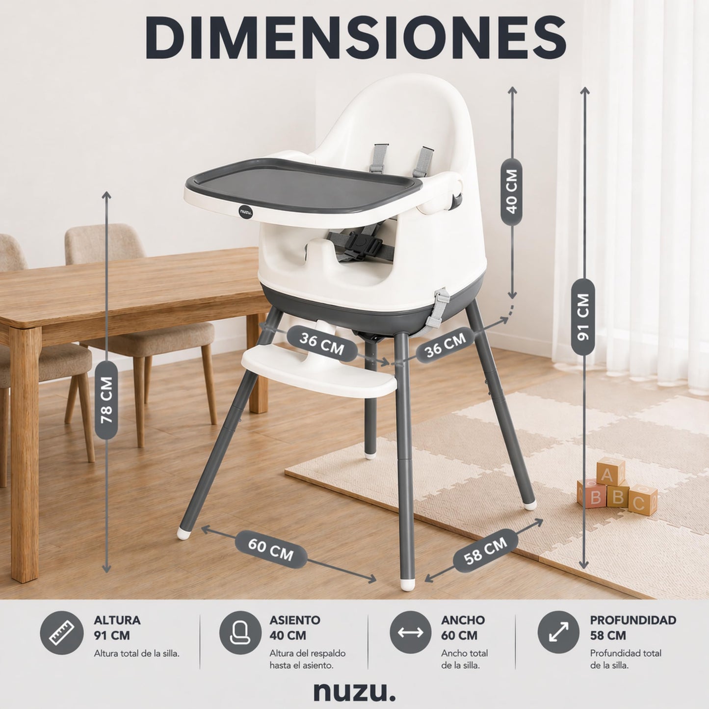 NUZU Periquera para Bebe 3 en 1 | Silla para Bebe Comer Multifuncional con Seguridad y Estilo | Versatilidad en Espacios Reducidos | Asiento Elevador Ajustable para Bebes 6 meses a 4 Años.(Gris)