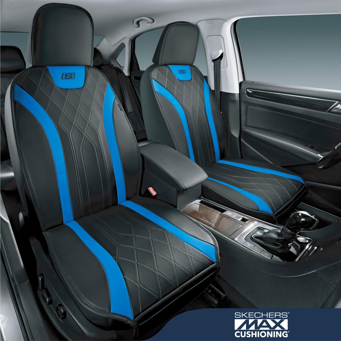 Skechers MAX Cushioning - Fundas de asiento de coche, protectores de asiento delantero de coche de cuero con espuma viscoelástica, fundas impermeables sin laterales compatibles con airbag con bolsillo