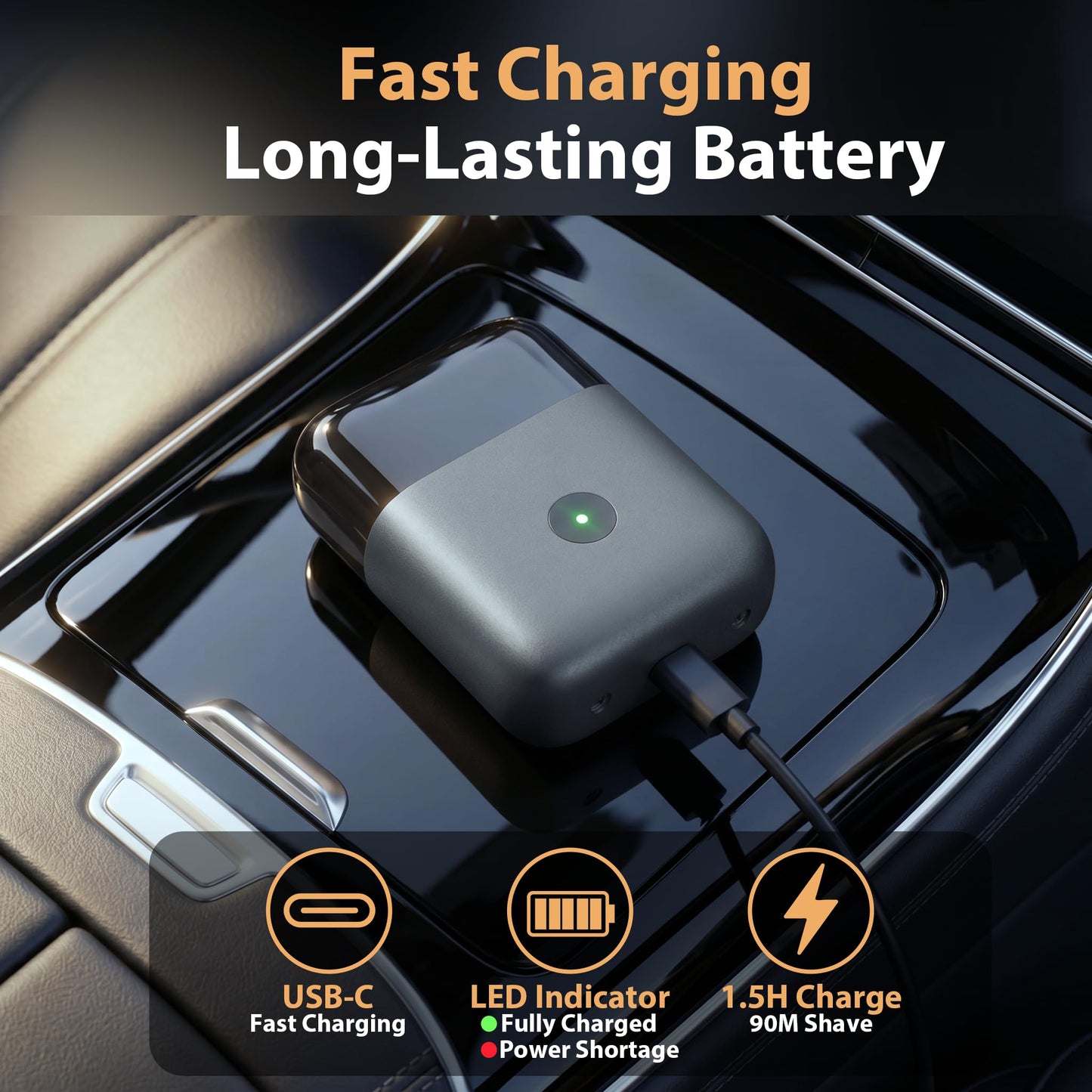 Maquinilla de afeitar eléctrica de viaje premium para hombres, ultra compacta IPX7 resistente al agua con indicador LED, carga rápida USB-C, 90 minutos de funcionamiento, diseño negro mate y naranja