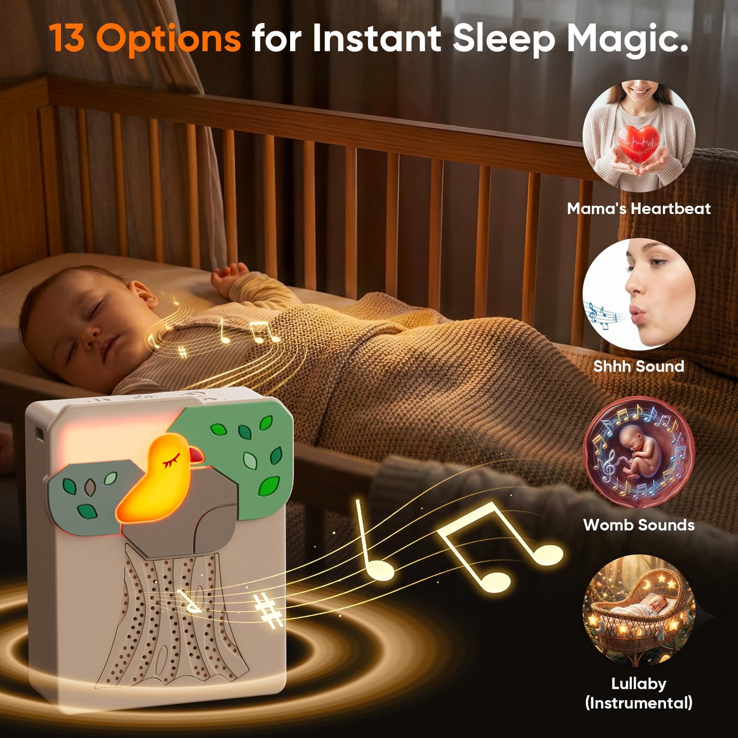 Máquina inteligente de ruido blanco para bebés con detección de grito – 13 sonidos calmantes, reproducción automática, temporizador, portátil y recargable, ideal para entrenamiento del sueño, viajes y