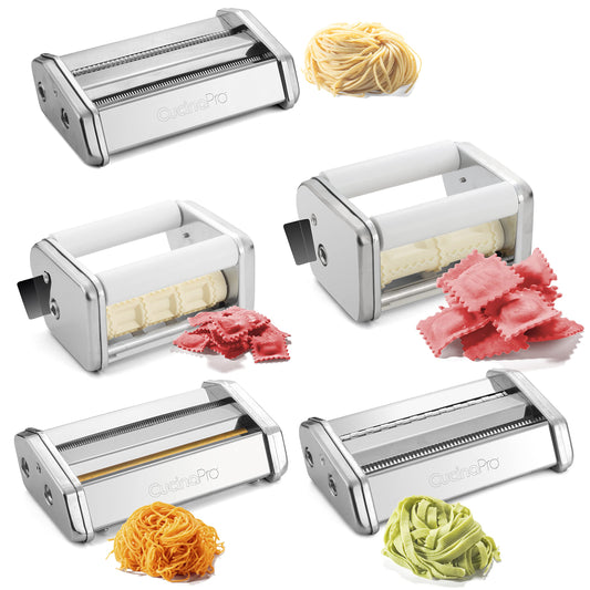 CucinaPro - Juego de accesorios para hacer pasta, 5 accesorios diferentes (espaguetis, pelo de ángel, rodillos fettuccini, cortador raviolis 2 y 3 piezas), acero chapado en cromo
