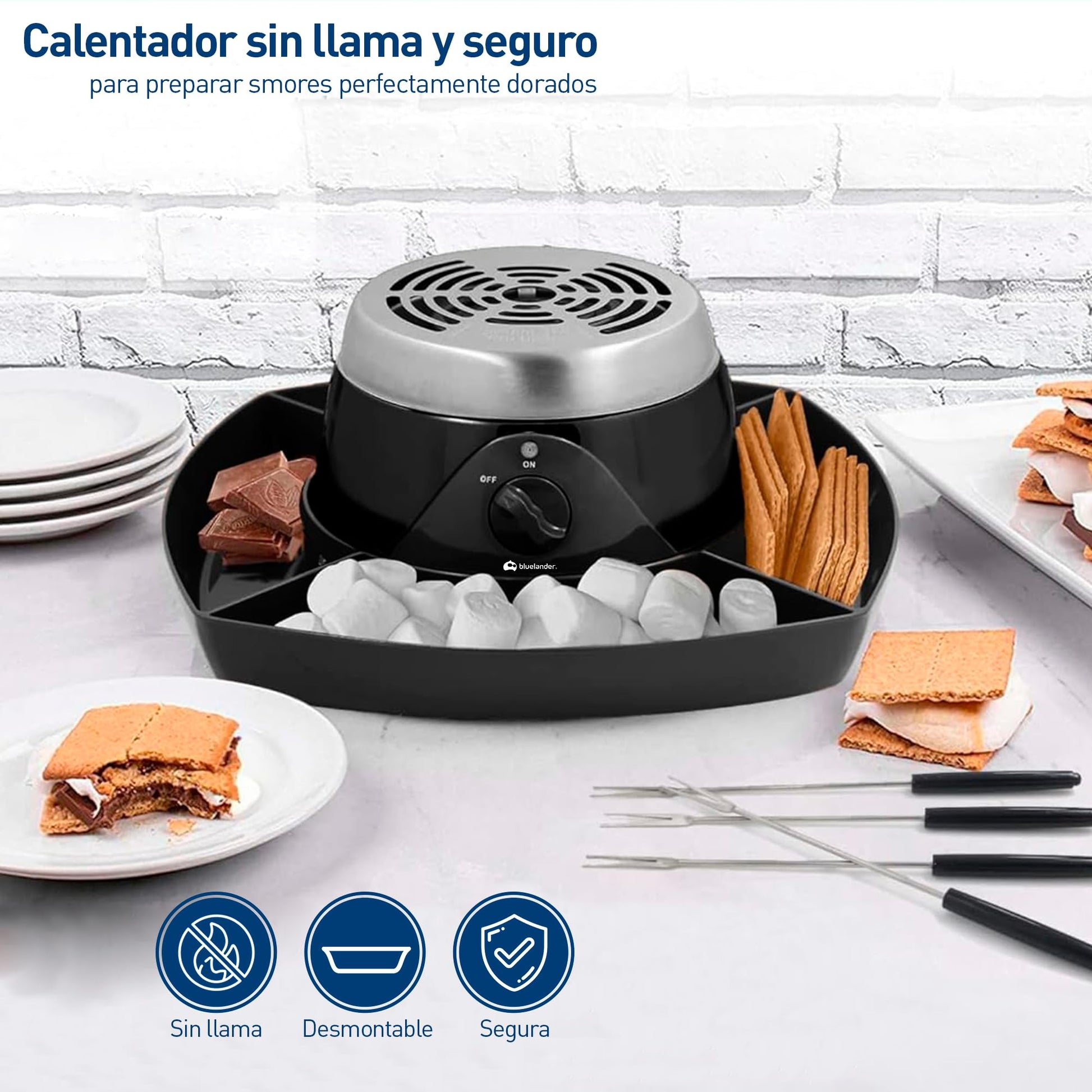 Bluelander Smores Maker, Mesa Electronica Para Interiores, Máquina Eléctronica de Acero Inoxidable, 4 Bandejas Desmontables, Cuatro Tenedores de Asado, Facil de Limpiar, Tostador de Malvaviscos