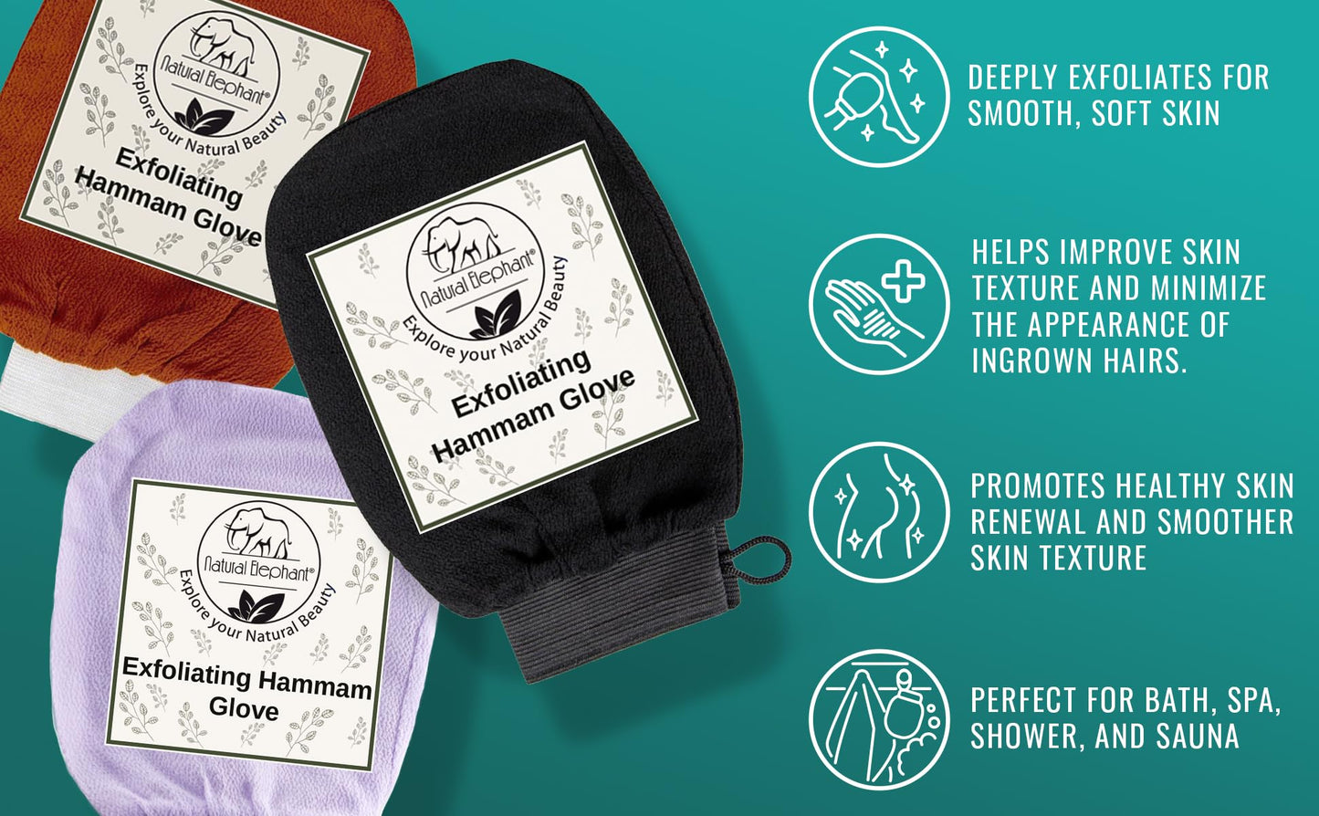 Guante exfoliante de elefante natural para hammam – Manopla exfoliante facial y cuerpo con olas de color verde azulado