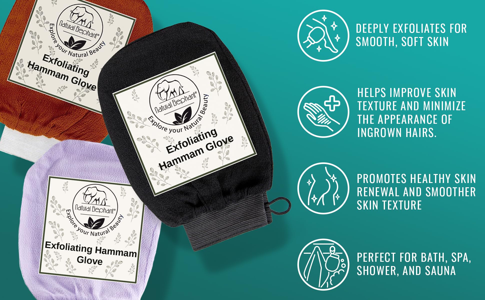 Guante exfoliante de elefante natural para hammam – Manopla exfoliante facial y cuerpo con olas de color verde azulado