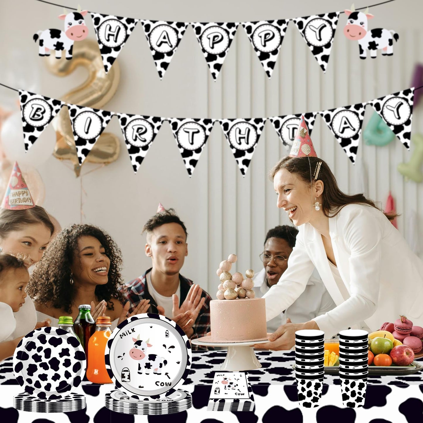 Decoraciones de fiesta de feliz cumpleaños de vaca, suministros de fiesta con estampado de vaca para niños, incluye platos, servilletas de papel, mantel, juego de fiesta temática de animales para
