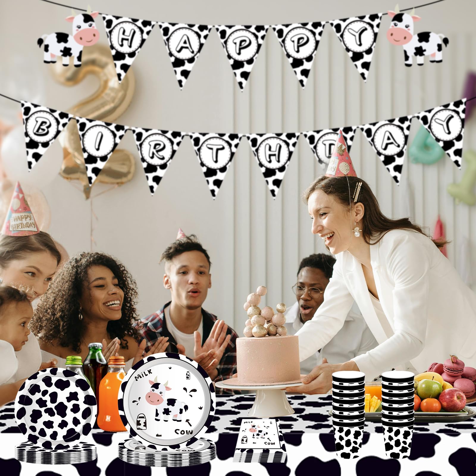 Decoraciones de fiesta de feliz cumpleaños de vaca, suministros de fiesta con estampado de vaca para niños, incluye platos, servilletas de papel, mantel, juego de fiesta temática de animales para