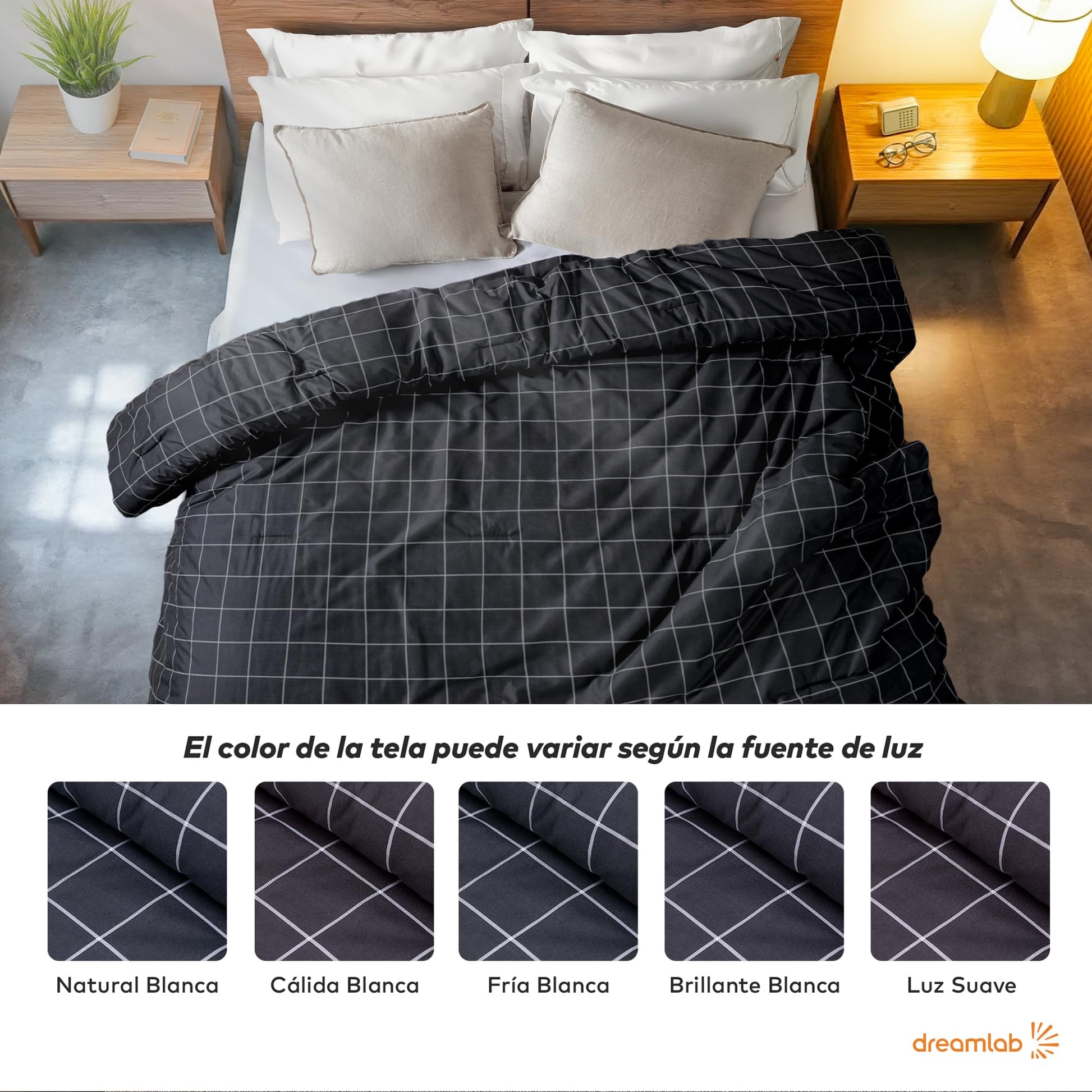 Dreamlab Edredón Acolchado para Toda Estación. Relleno de Microfibras Recubiertas con Gel. Lavado a Máquina. Usar como Edredón o con Duvet.Hipoalergénico.(Cuadros Grafito/Blanco,King Size 259x223cm)