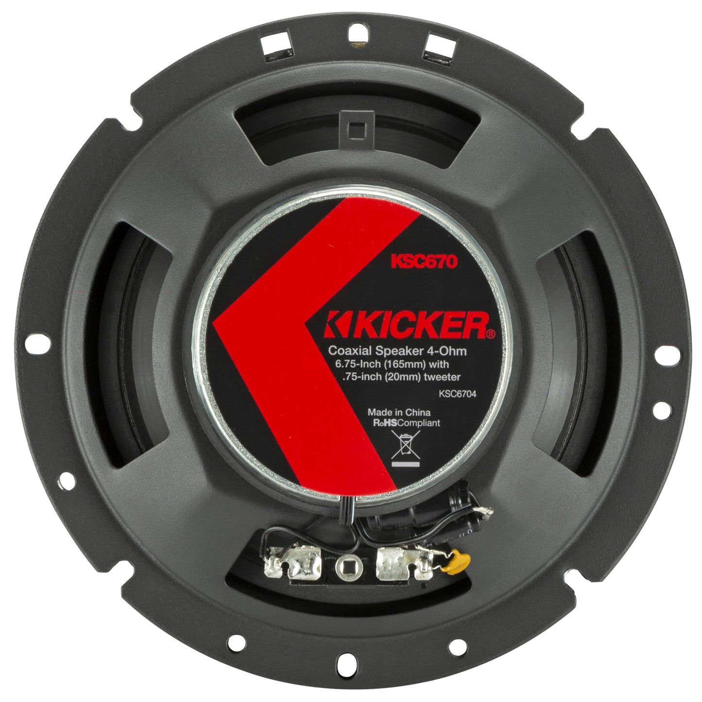 Sistema de altavoces coaxiales KICKER 51KSC6704, diseño de 2 vías, un (1) par, woofer/rango medio de polipropileno de 6.75 pulgadas (165 mm), tweeters de cúpula de seda de 3/4 pulgadas (20 mm), 100