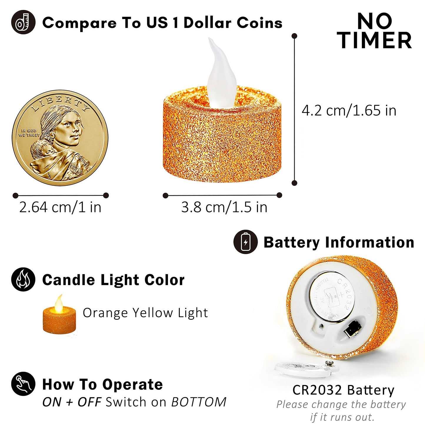 FURORA LIGHTING - Velas LED con purpurina naranja, paquete de 12, velas parpadeantes sin llama para decoración del hogar, 1.5 pulgadas de ancho x 1.65 pulgadas de alto, funciona con pilas