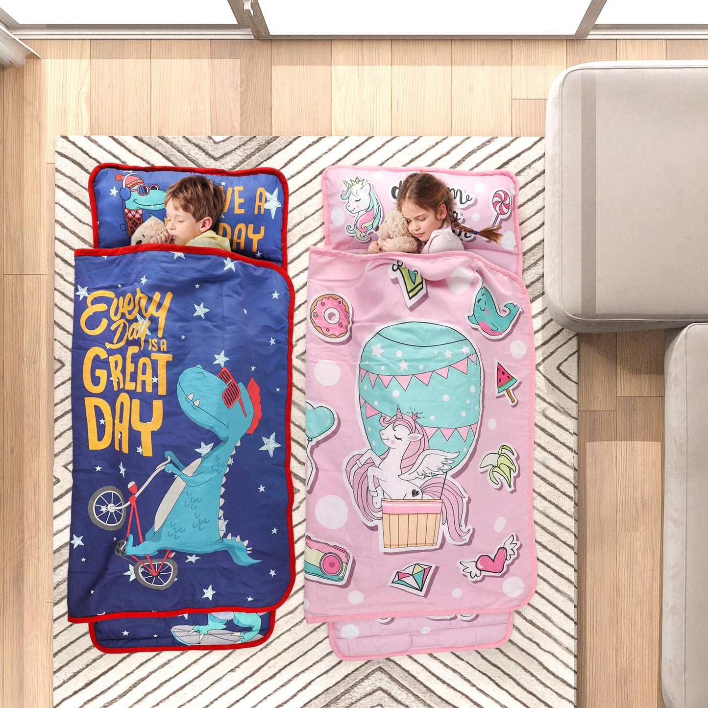 TANOSHII® - Tapete de siesta para niños pequeños con almohada y manta, tapetes portátiles para niños, para guardería, preescolar, 21 x 53 pulgadas, sacos de dormir ligeros y suaves para niños