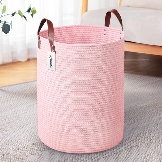 Wymulot - Cesta grande de cuerda de 80 l, cesta de almacenamiento de cuerda tejida con asas de piel, cesta de almacenamiento de juguetes para perros, recámara, almacenamiento de manta de guardería,