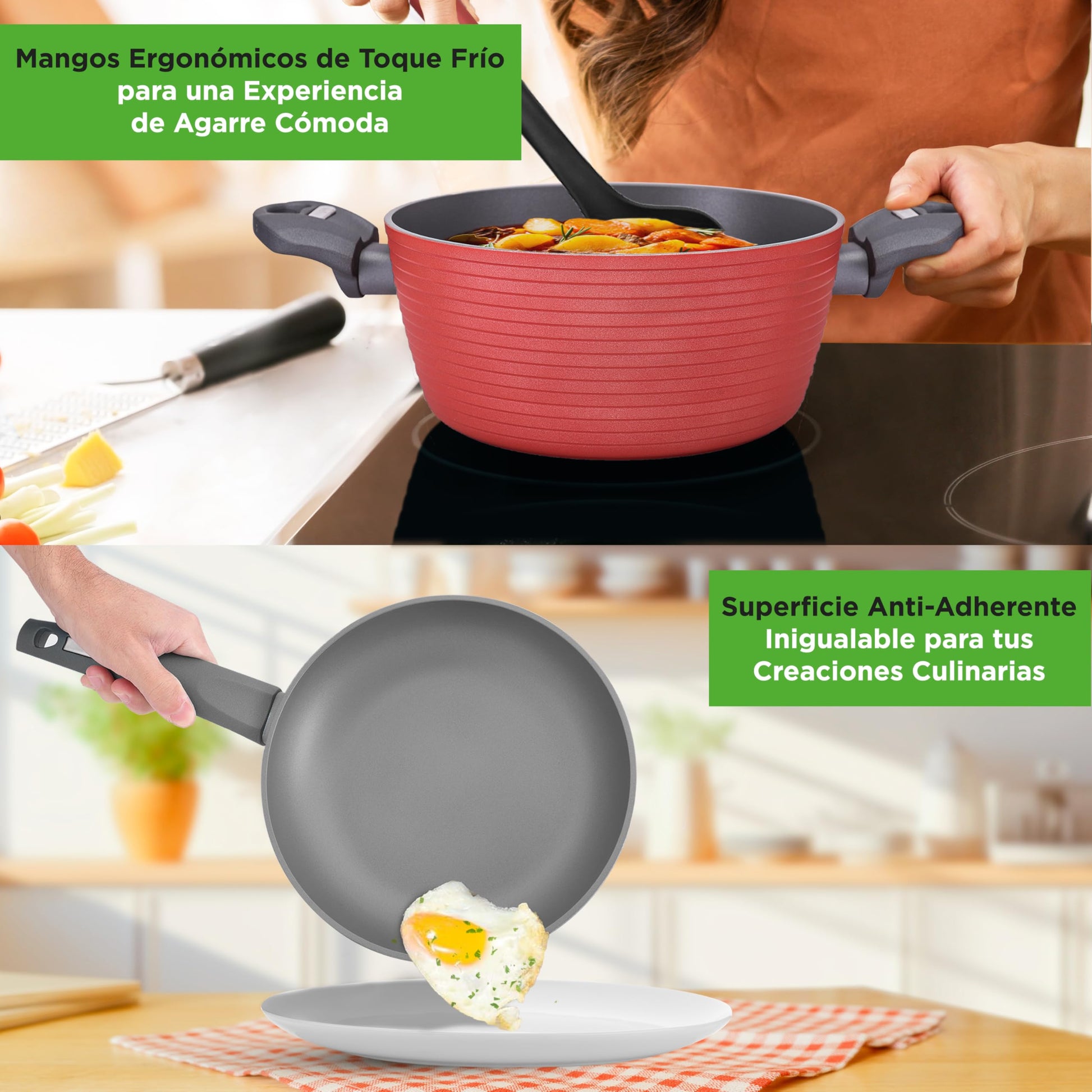 NUTRICHEF Bateria de Cocina Antiadherente de 12 Piezas Juego de Sartenes y Ollas Rojo. Duradero, Diseño Elegante Resistente al Calor. Libre de PFOA