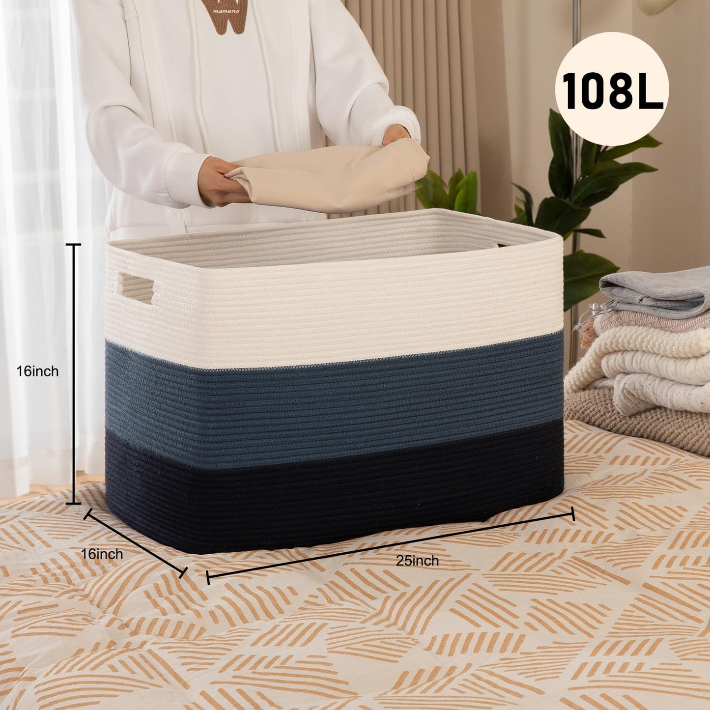 OIAHOMY - Cesta de manta súper grande de 108 litros, 25 x 16 x 16 pulgadas, cestas tejidas rectangulares para almacenamiento, cesta de cuerda de algodón para sala de estar, almacenamiento de juguetes