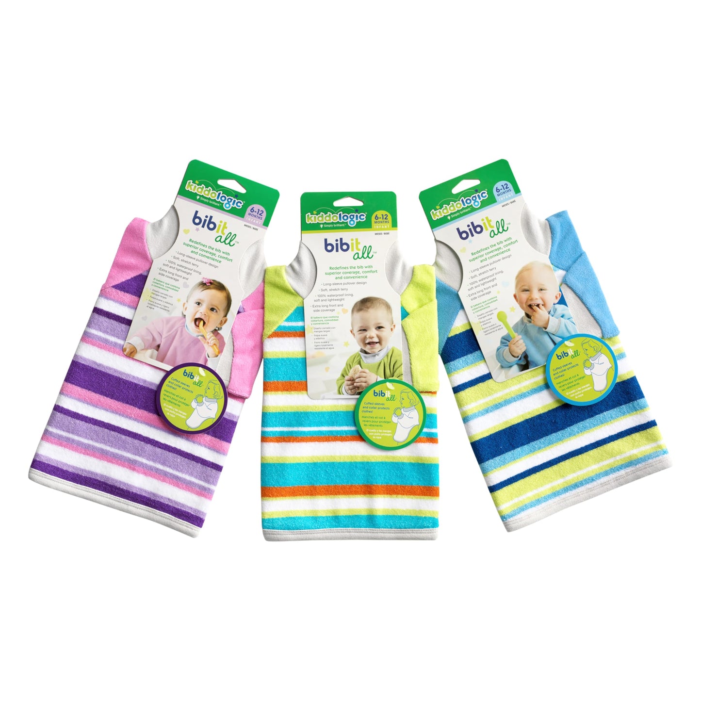 Kiddologic bibit-all - Babero de rizo impermeable de manga larga para bebés y niños pequeños (6-12 meses (bebé), rayas frescas de lima)