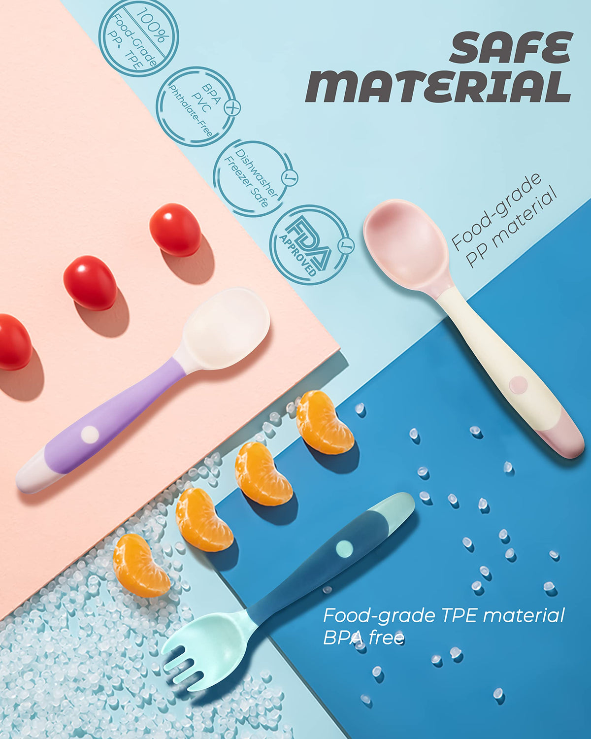 Juego de 10 utensilios para niños, cucharas y tenedores con mango plegable, 5 tenedores y 5 cucharas para niños, juego de alimentación para bebés para autoalimentación, tenedores de cucharas de