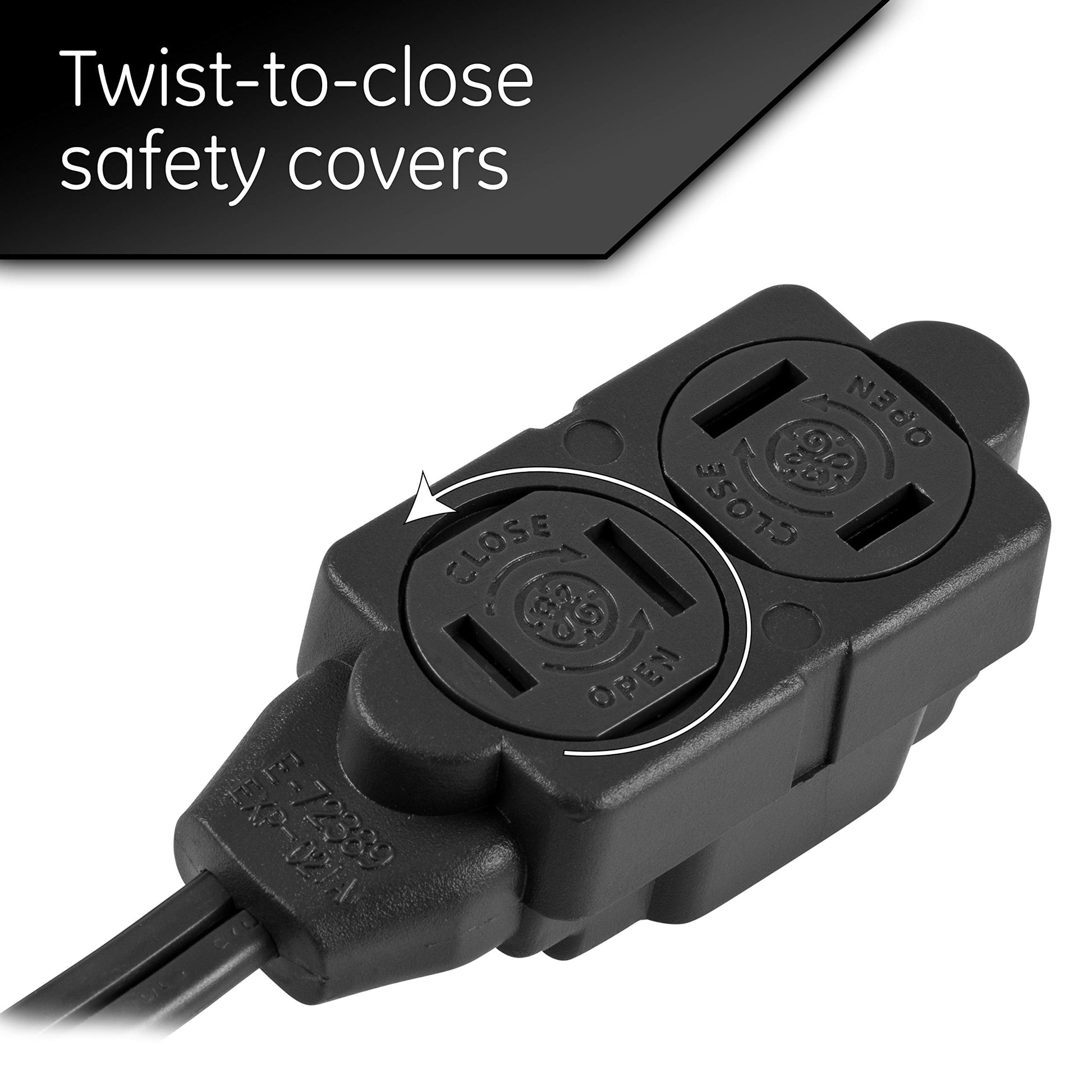 GE 45148 - Cable de extensión de 3 tomacorrientes con múltiples tomacorrientes de 6 pies, 2 clavijas, calibre 16, fundas de seguridad de giro para cerrar, extensor para interiores con certificación UL