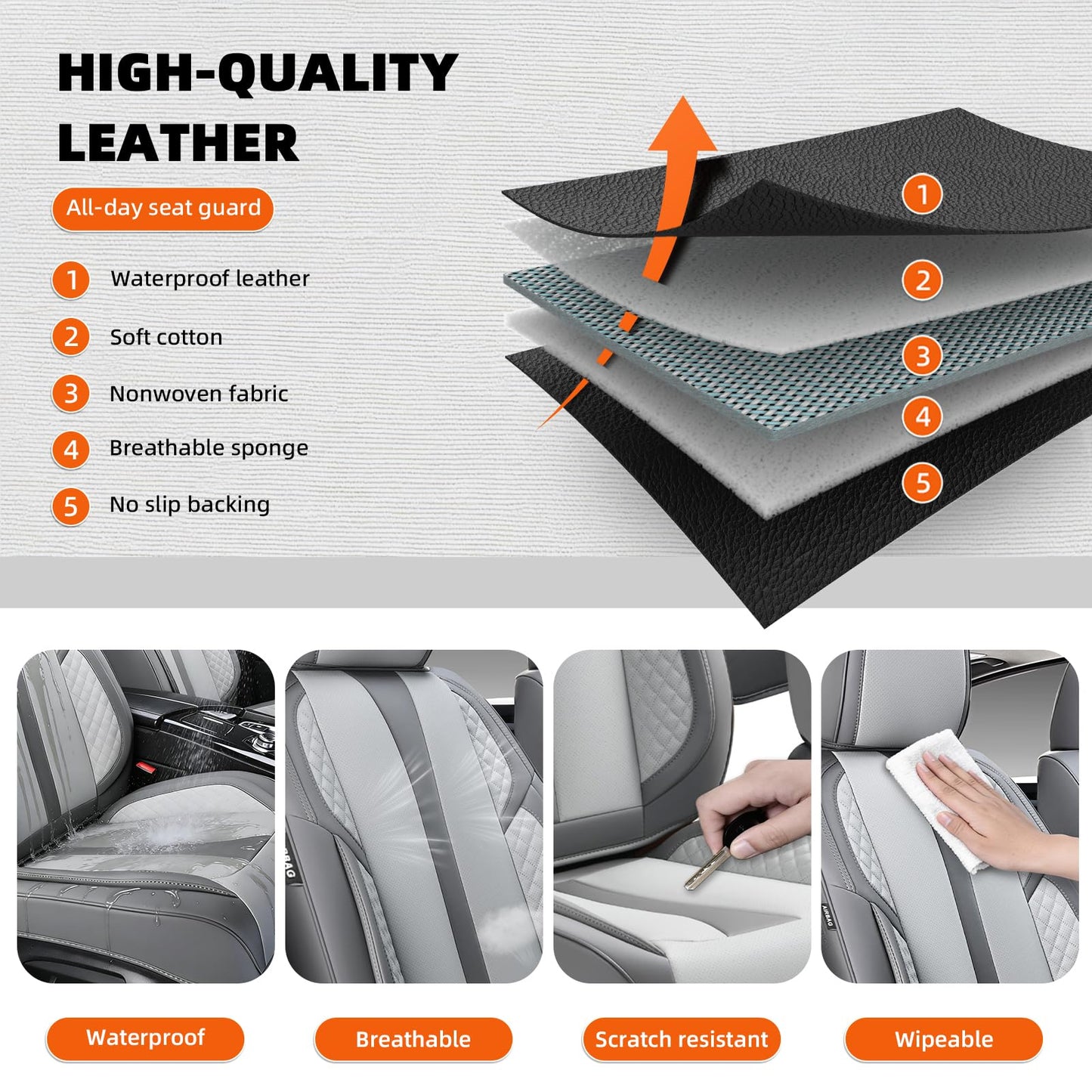 KEYOOG - Juego completo de fundas de asiento de coche de 5 plazas, impermeables y transpirables, para asientos delanteros y traseros de automóviles, compatible con bolsas de aire, fundas protectoras