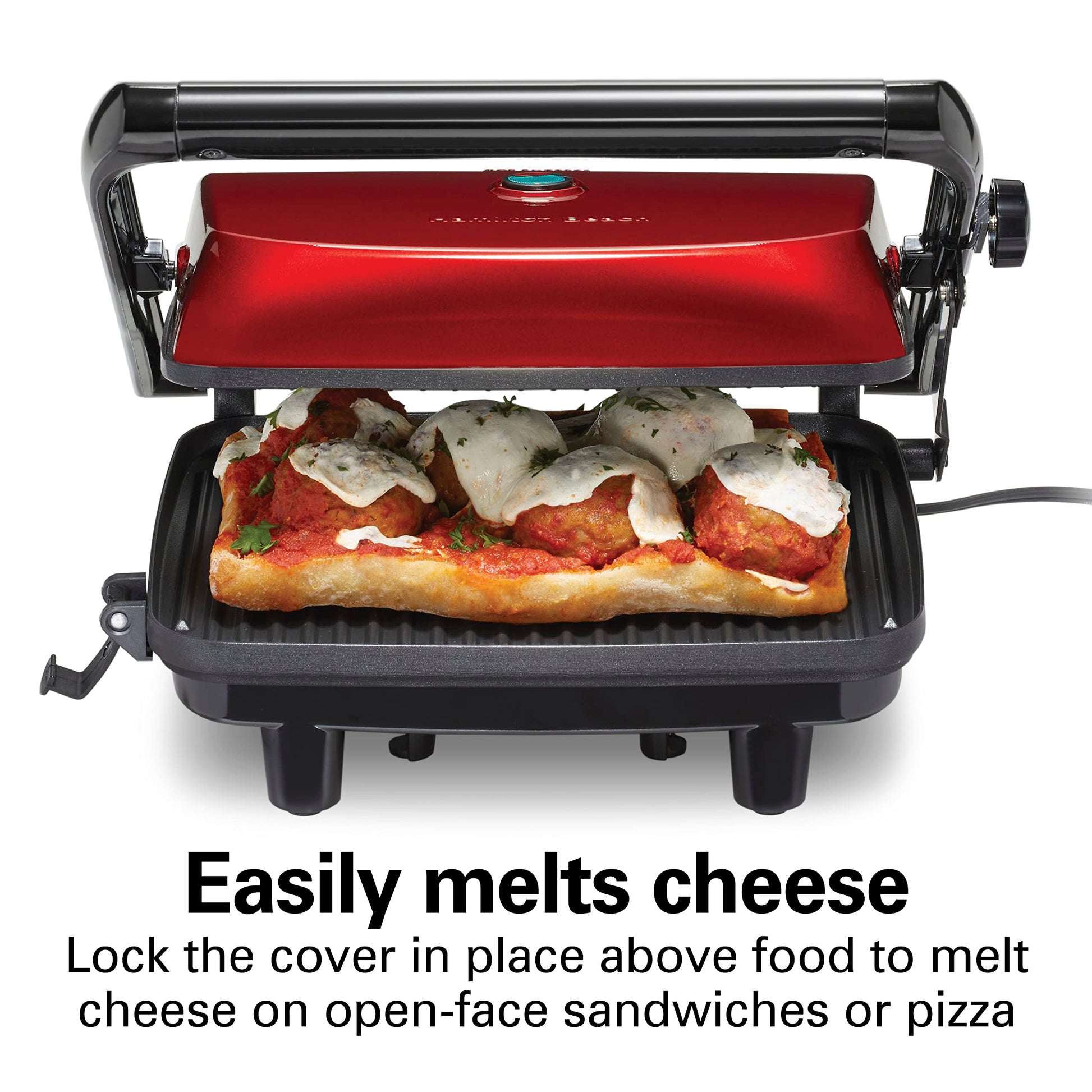 Hamilton Beach Sandwichera, Prensa para Panini, para Cualquier Espesor de Sándwich, Parrillas Antiadherentes de 25.4 x 20.32 Centímetros, Roja (25462Z)