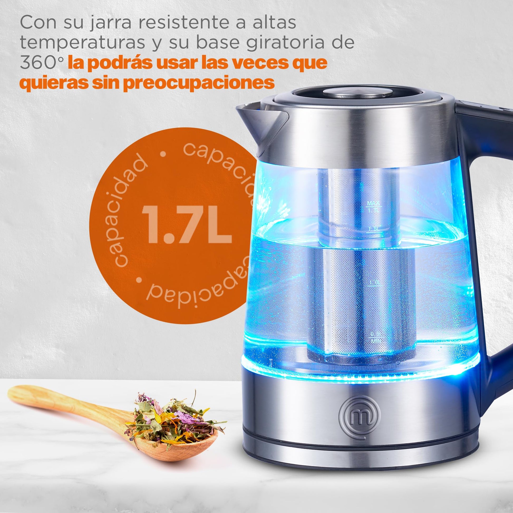 Hukën x MasterChef | Tetera Eléctrica Heat-Select | Temperatura Ajustable | Infusor Removible | Hervidor de Agua | Acero | Heat-Select | Panel Digital | Base Giratoria | 1.7 litros