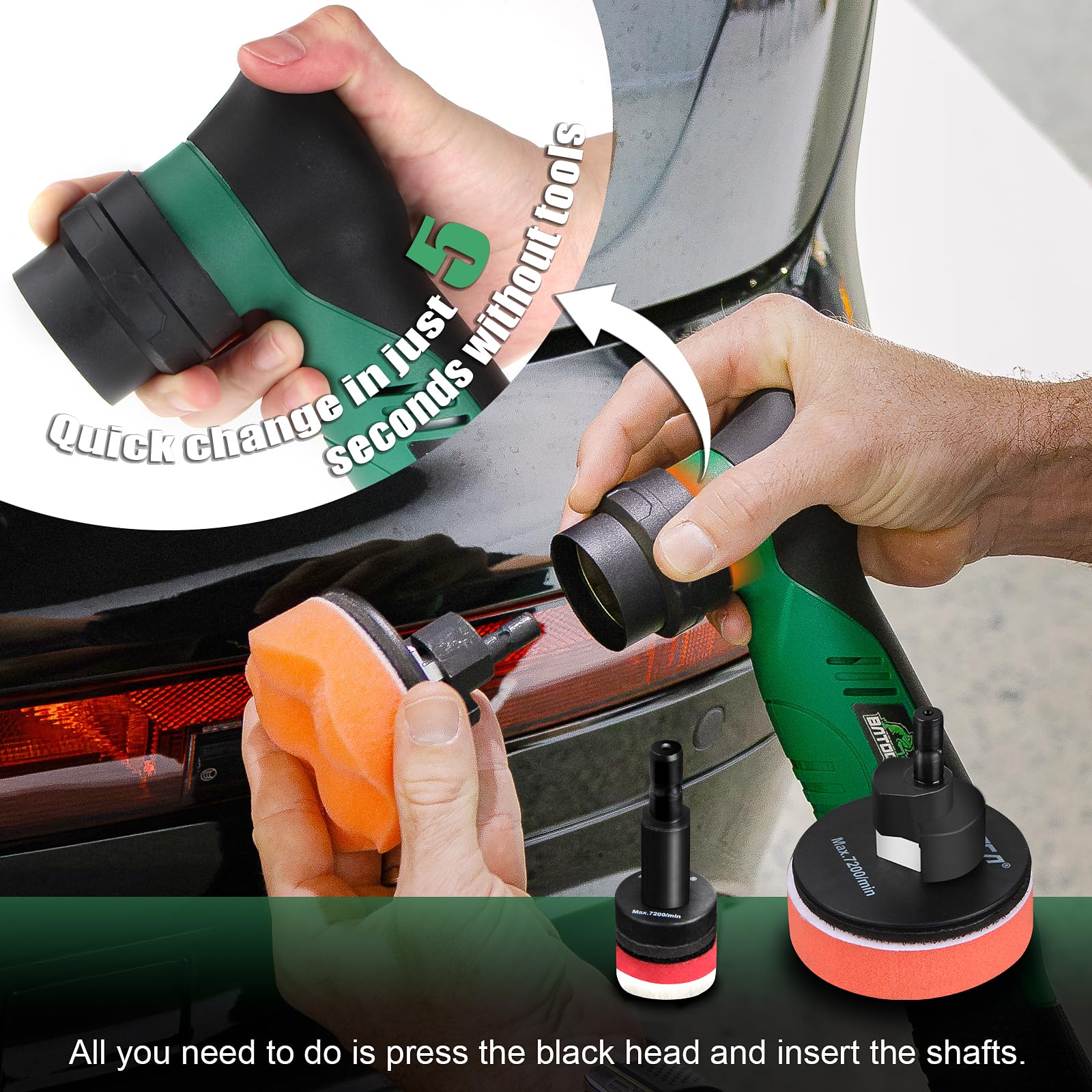 BATOCA S5 - Mini pulidora inalámbrica para coche, doble acción y mini máquina de pulir rotativa, 1 batería de 12 V 2 A con kit de almohadillas para orejas de pulido de 1 pulgada 3 pulgadas para coche