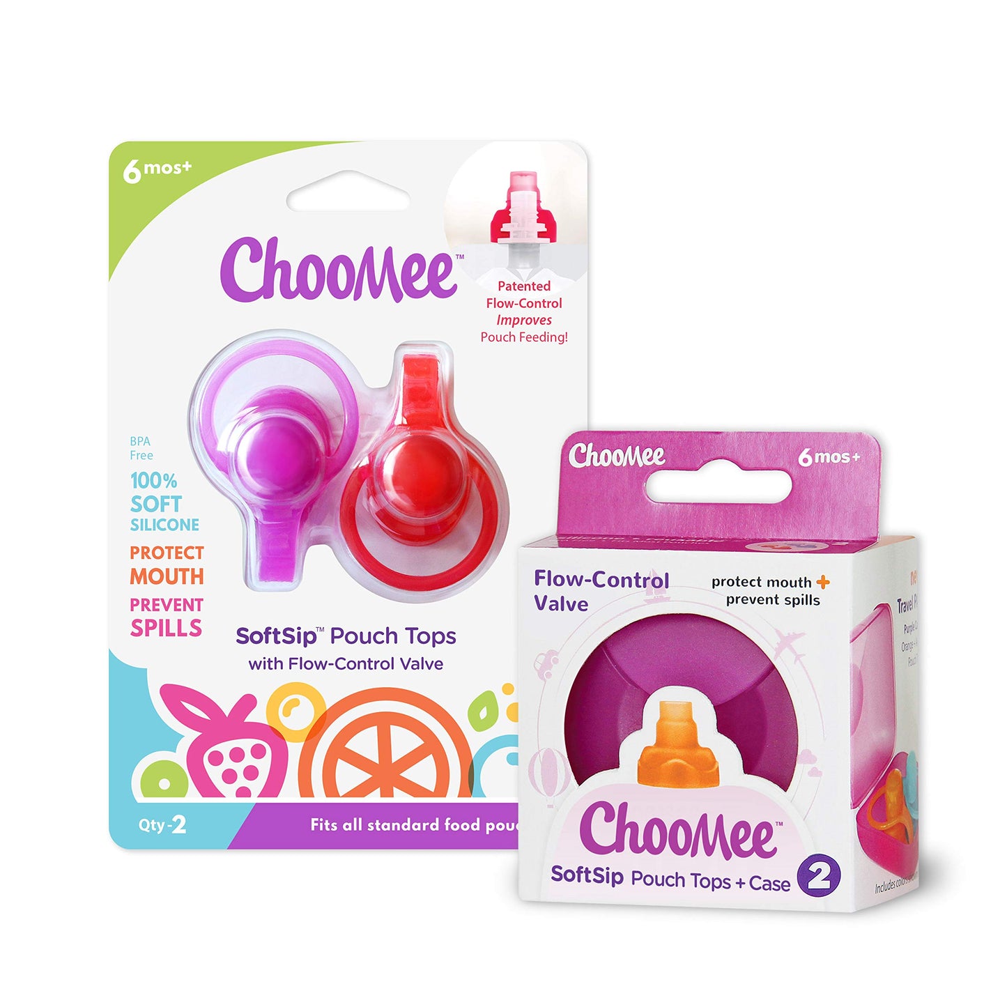 ChooMee SoftSip - Bolsas para alimentos | 4 colores + funda morada | Evita derrames y protege la boca de los niños
