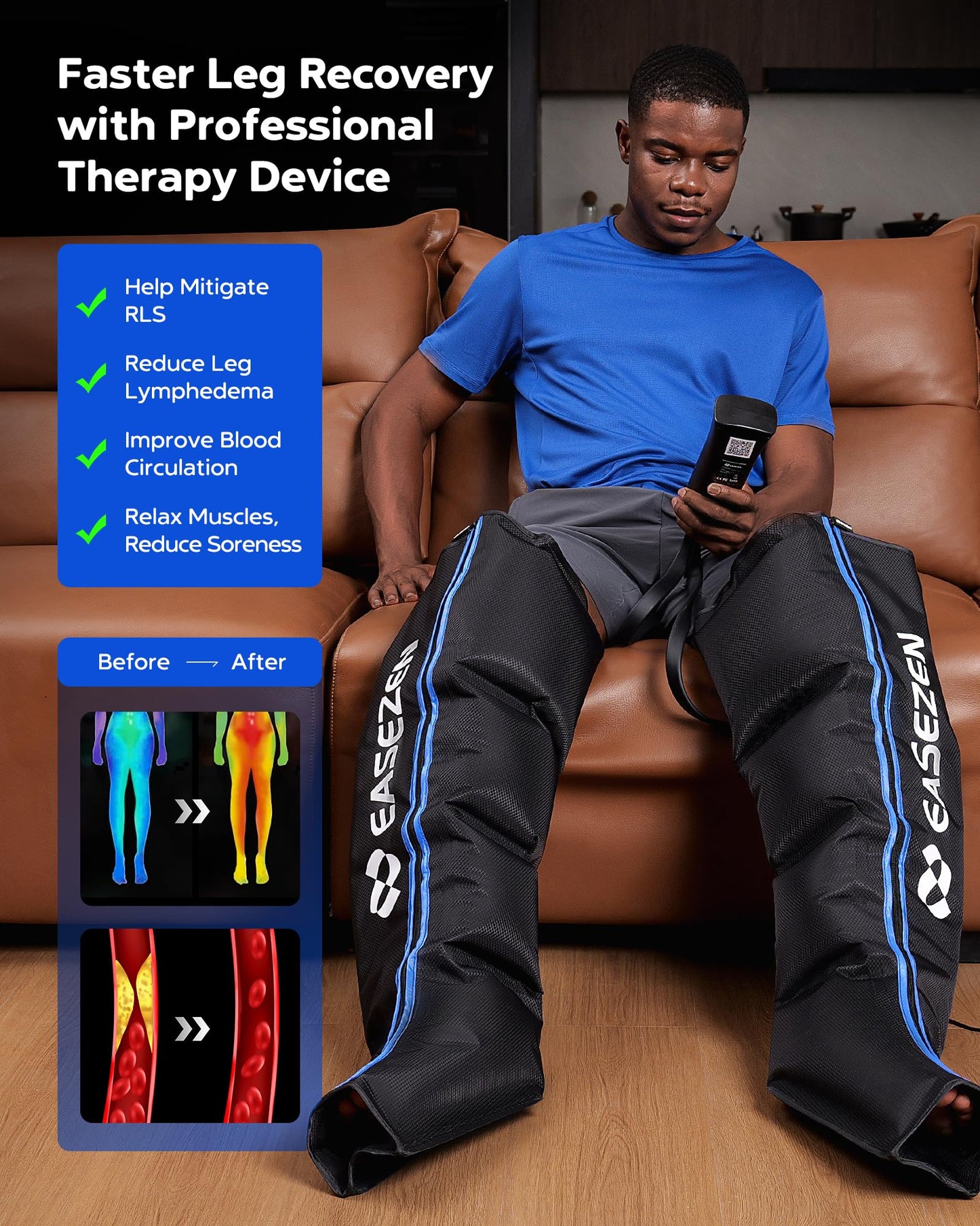 EaseZen Masajeador de Piernas para la Circulación y el Alivio del Dolor, Sistema de Terapia de Compresión de Aire para una Recuperación Rápida, Botas de Masaje de Pies y Piernas Completas para la Fatiga, con 6 Modos, 3 Intensidades y 3 Temporizadores, Reg