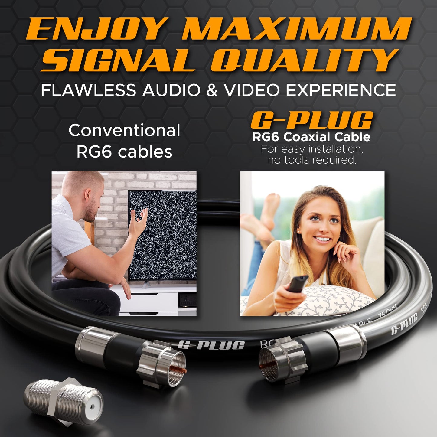 G-PLUG Cable Coaxial RG6 75 Ohm, Triple Blindaje, Conectores F Tipo Macho a Macho, Cable Antena TV, Satelital e Internet Banda Ancha, Incluye Acoplador F81, Negro