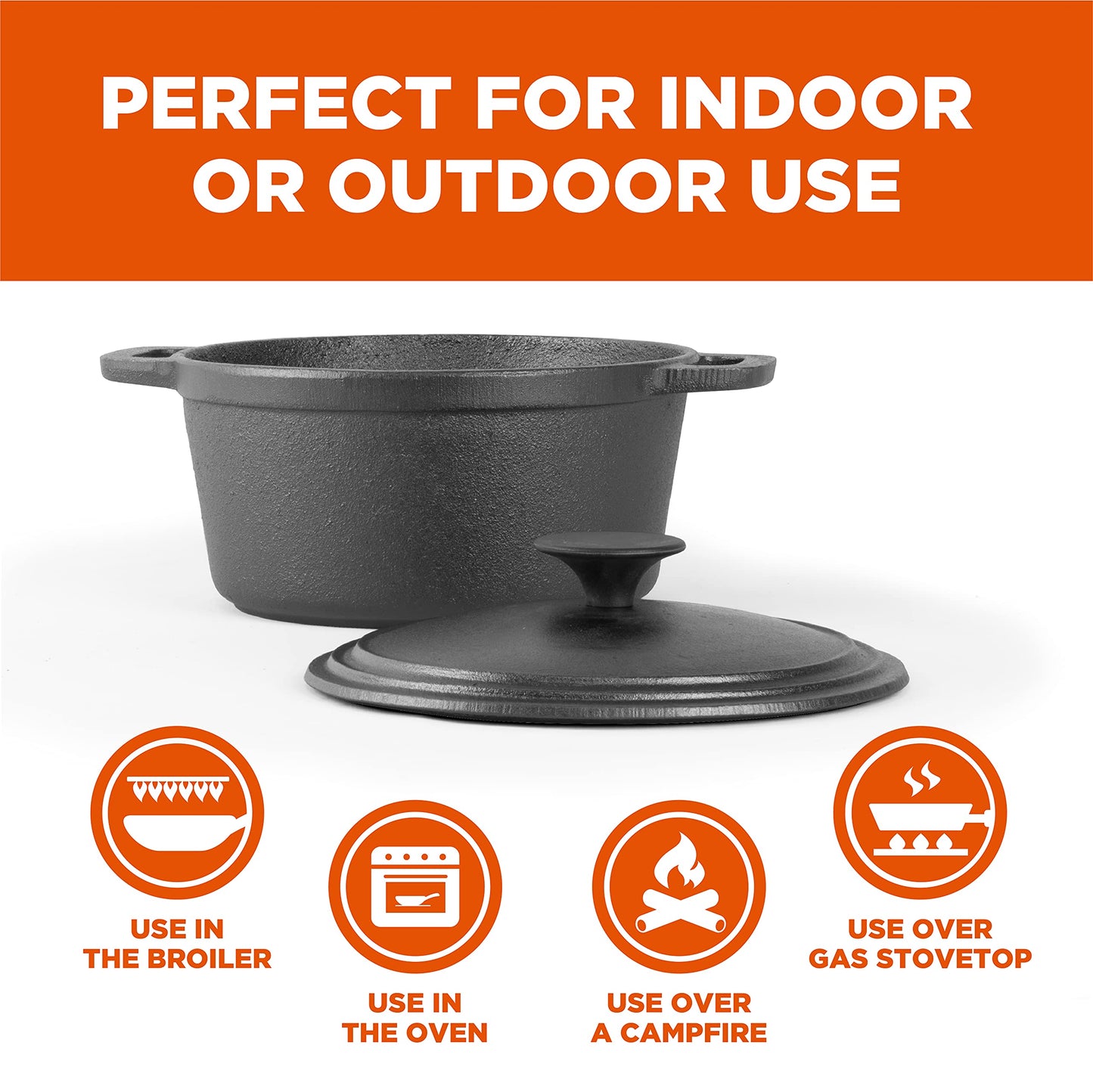 Cast Iron 3.4 Quart Cuisine Dutch Oven Set with Dome Lid & Handles for Outdoor & Indoor Cooking by Commercial Chef