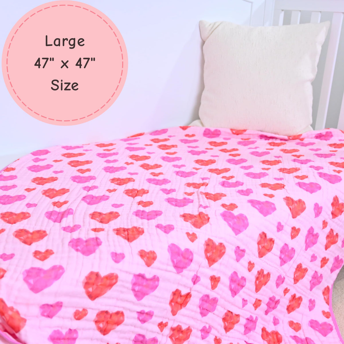 LollyBanks - Manta para bebé, 100 % algodón orgánico de muselina para niñas, colcha de 47 x 47 pulgadas, suave y transpirable de 6 capas, ropa de cama esencial para cuna (estampado de corazón de