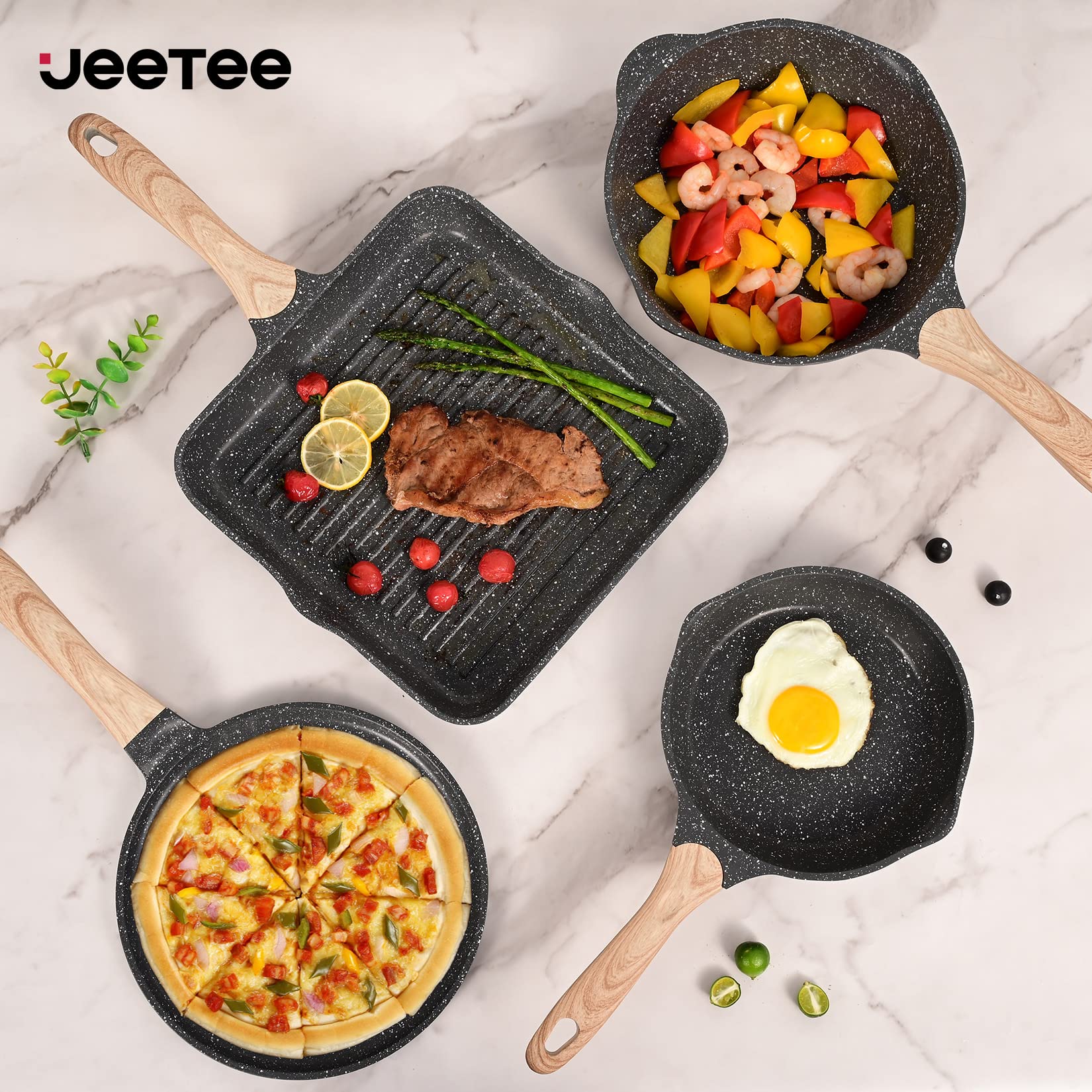 JEETEE Juego de ollas y sartenes de cocina antiadherentes, con revestimiento de granito de inducción, juegos de utensilios de cocina con sartén, cacerola, sartén, sartén, sin PFOA