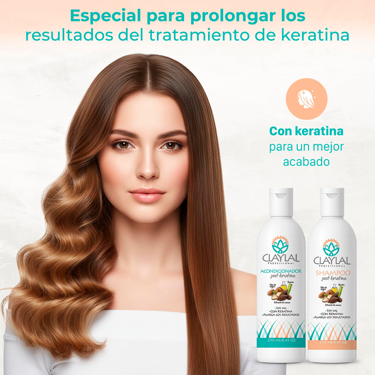 Claylal Professional | Shampoo y Acondicionador Post keratina 250ml c/u | Sin Sal | Tratamiento Post Alaciado con Cacao, Bambú y Aceite de Argán | Hidrata, Repara y Prolonga el Alaciado