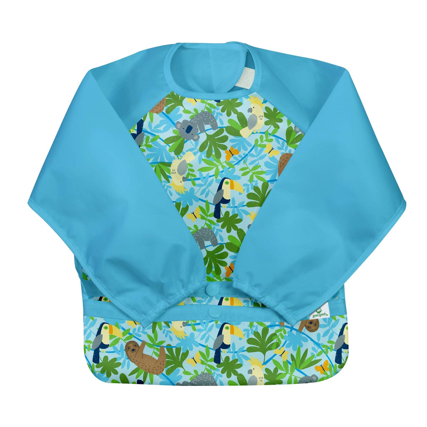 green sprouts Easy-wear Long Sleeve Bib | Waterproof Protection from Mealtime to Playtime | Flipped Pocket, Soft Material, Easy Clean Smock, Aqua Sloth Jungle, 2T-4T