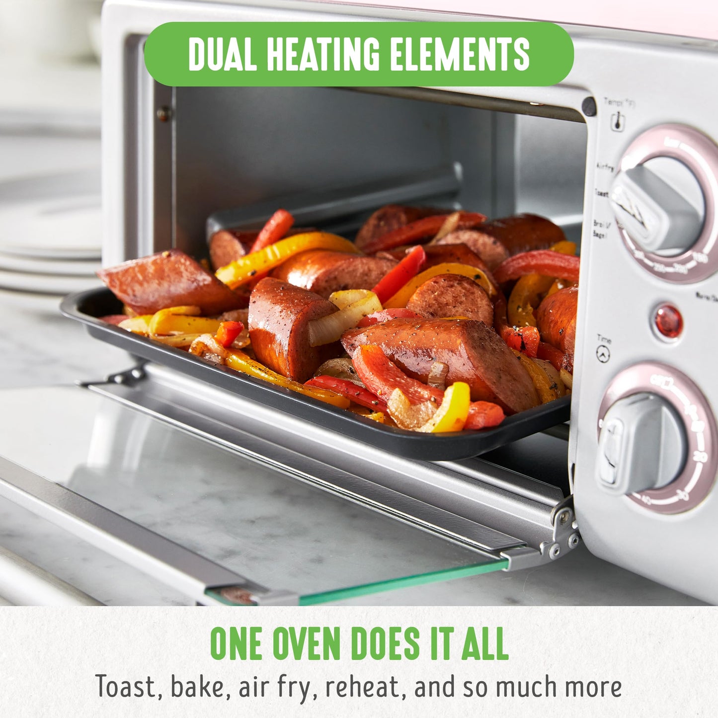 GreenLife - Freidora de aire para horno tostador de encimera de acero inoxidable, antiadherente de cerámica saludable, última intervensión de PFAS y PFOA, bandeja y cesta, hornear, asar, recalentar,
