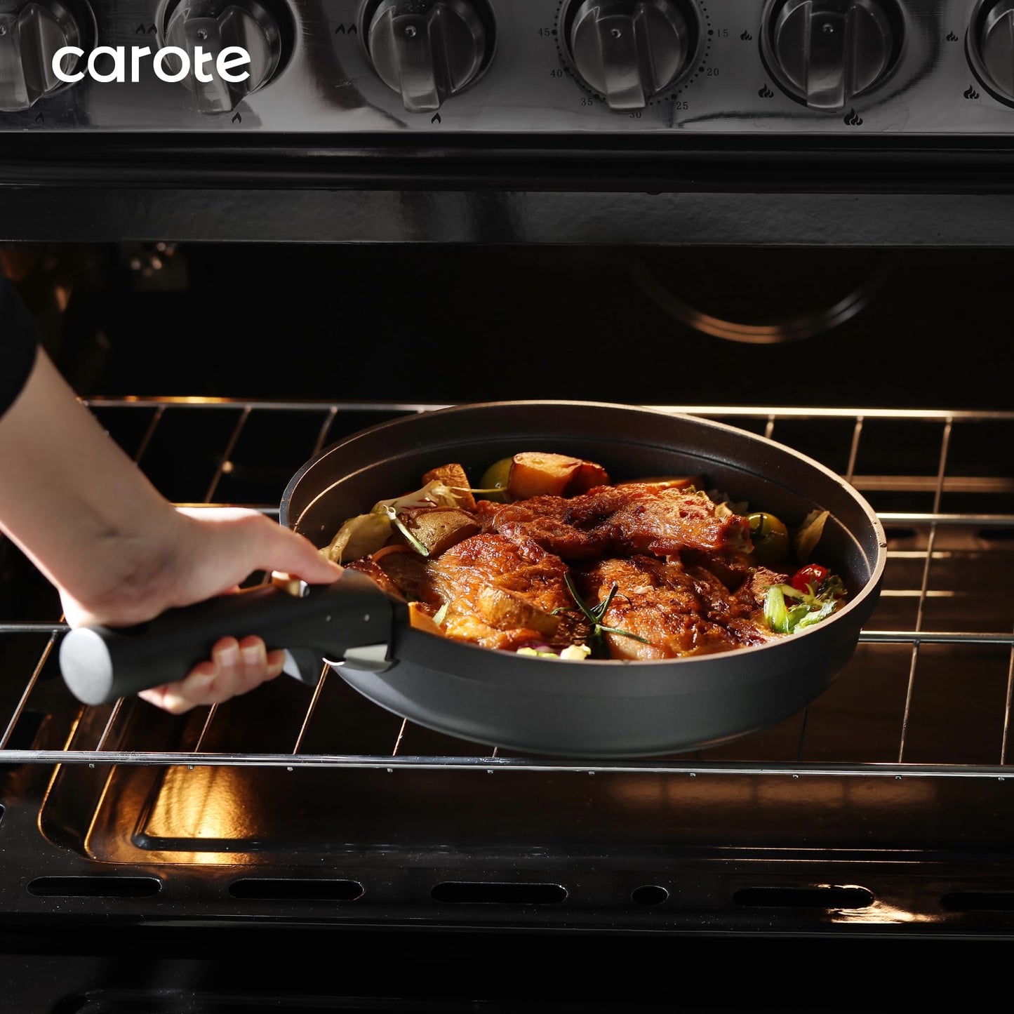 CAROTE - Juego de 20 ollas y sartenes antiadherentes, aptos para lavavajillas, horno y refrigerador, mango extraíble, utensilios de cocina aptos para horno RV, juego de cocina de inducción, negro