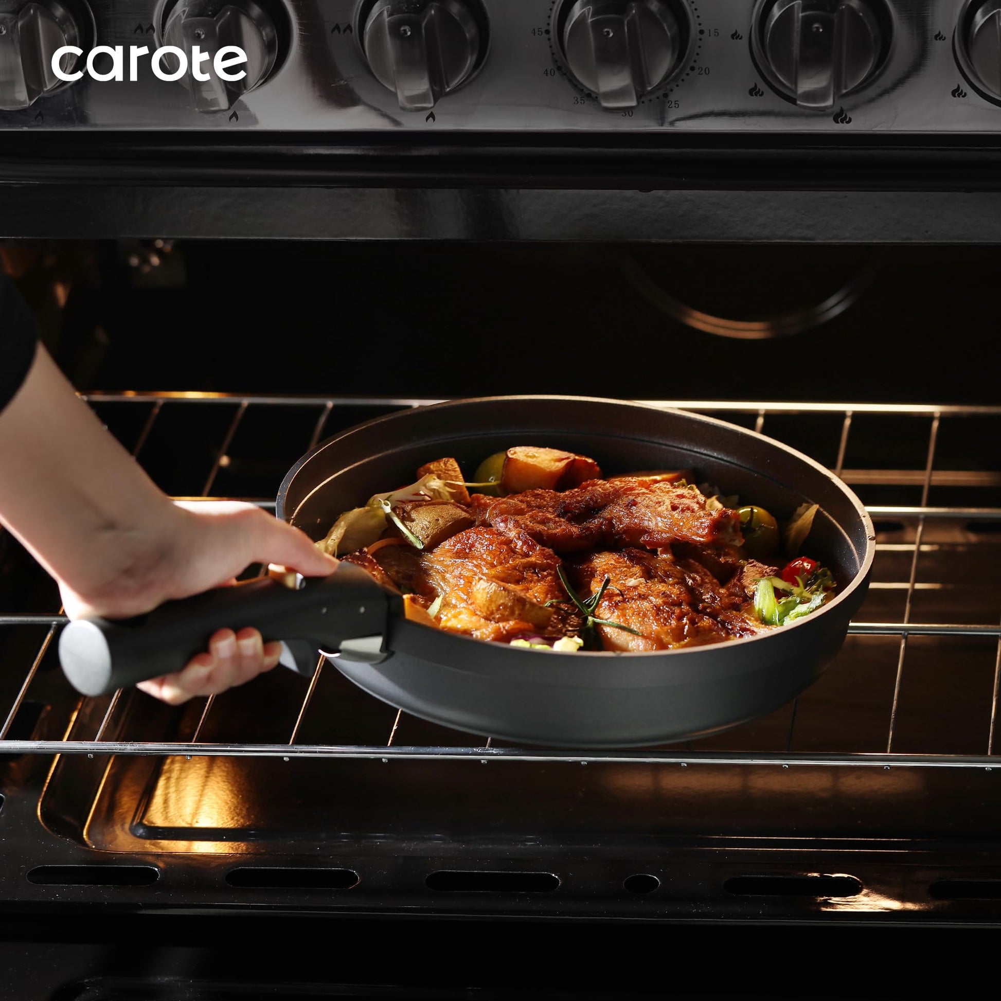 CAROTE - Juego de 20 ollas y sartenes antiadherentes, aptos para lavavajillas, horno y refrigerador, mango extraíble, utensilios de cocina aptos para horno RV, juego de cocina de inducción, negro
