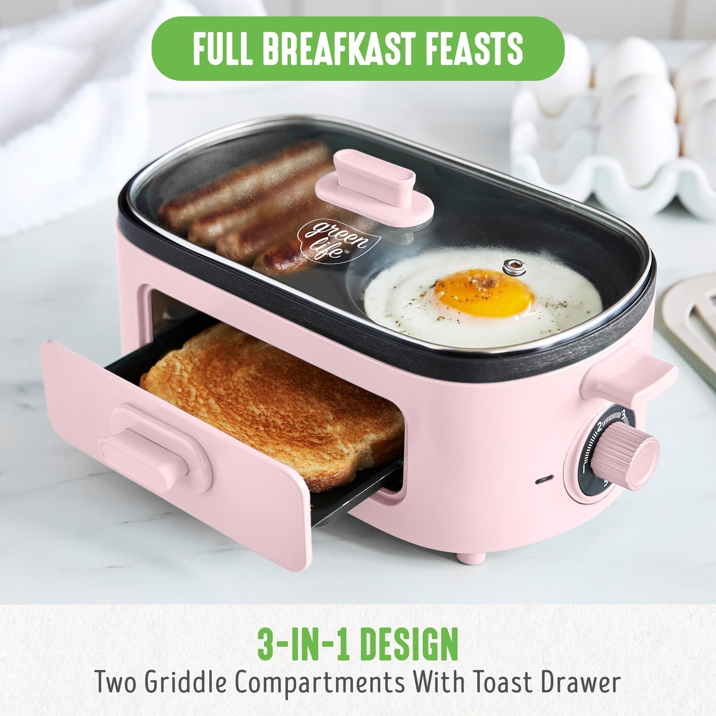 GreenLife - Estación de desayuno 3 en 1, cerámica antiadherente doble plancha para huevos, carne, panqueques y sándwiches + cajón de tostadas de 2 rebanadas, cocina saludable, temporizador, versátil