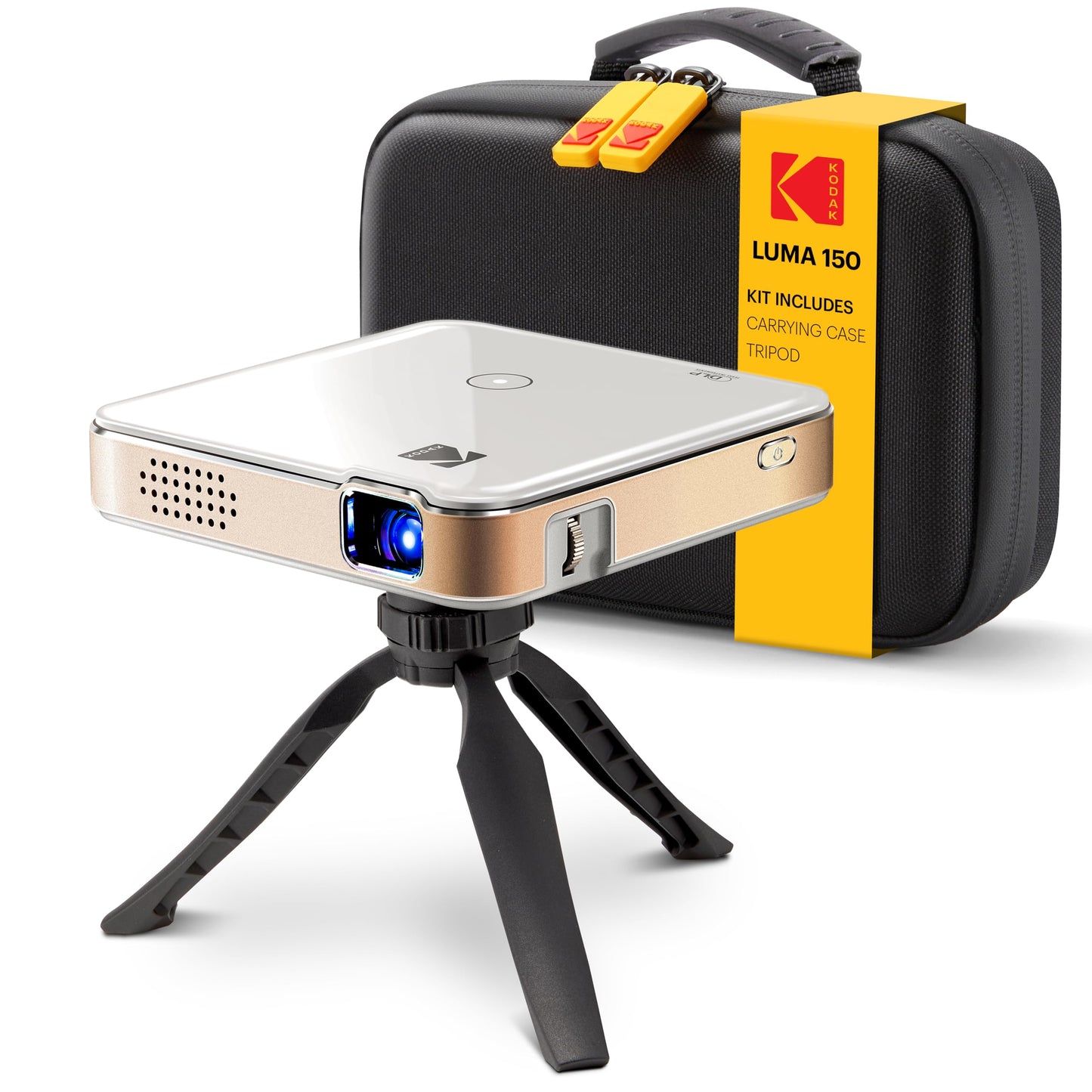 Kodak Luma 150 Kit estándar de proyector mini pico, DLP, compatible con entrada de 1080p, HDMI, USB y microSD, con batería recargable incorporada y altavoz, incluye trípode y funda de viaje