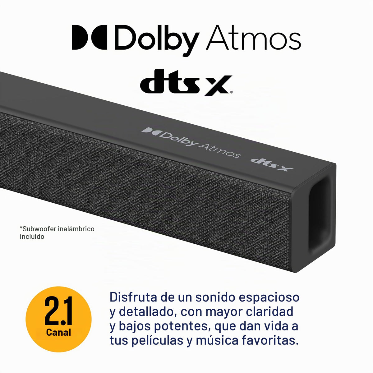 Barra de Sonido Westinghouse Negra 2.1 Canales con Dolby Atmos y Subwoofer Inalámbrico para Smart TV