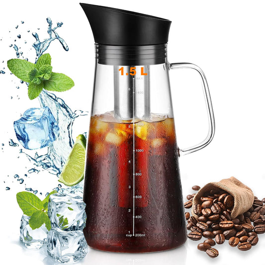 Café En Frío Cold Brew Jarra De Vidrio,1.5 L Cafetera de infusión fría,Jarra de hielo de vidrio con filtro de acero inoxidable extraíble y tapa de sellado, perfecta para té de frutas o café