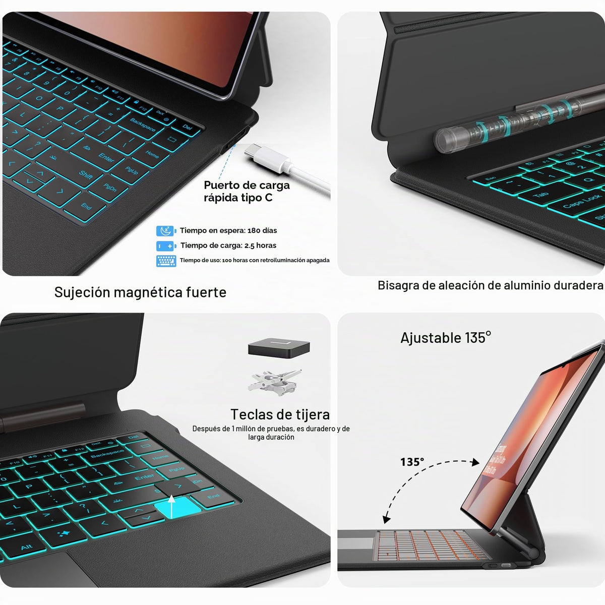 Funda Teclado Samsung Galaxy Tab S10/S9/S8 Ultra Negro Soporte Magnético Flotante Retroiluminado 7 Colores