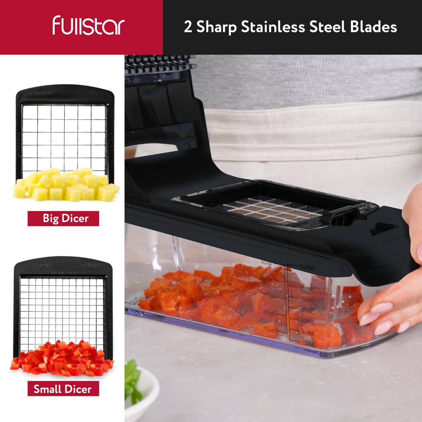 Fullstar - Picador de verduras y espiralizador - Picador de alimentos con contenedor, rebanador de frutas, utensilios de cocina y accesorios, esenciales para el hogar (8 en 1, negro)