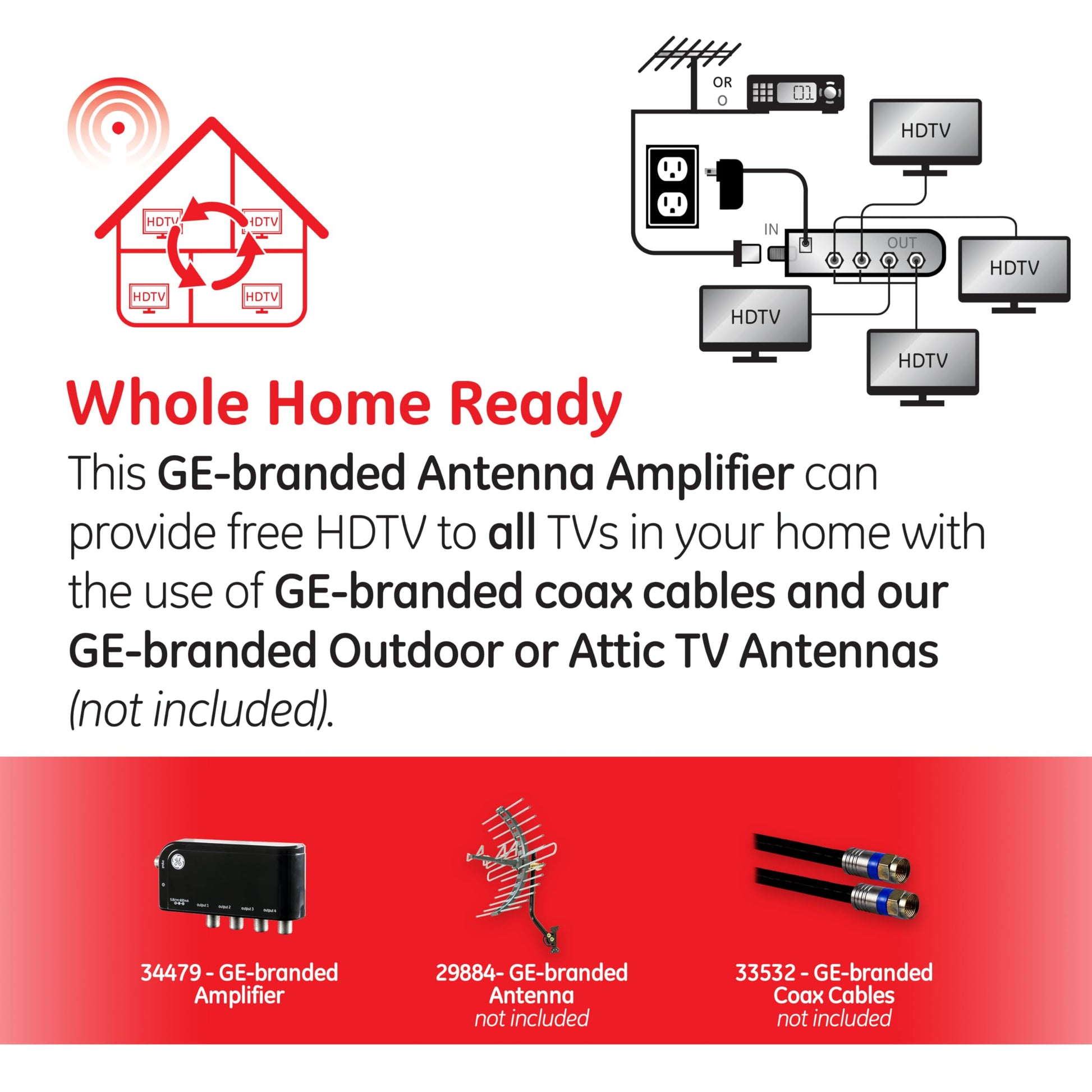 GE Divisor de Amplificador de Antena de TV de 4 vías, Ilumina la Baja Intensidad, distribuye la señal a Varios televisores, Amplificador de señal 34479