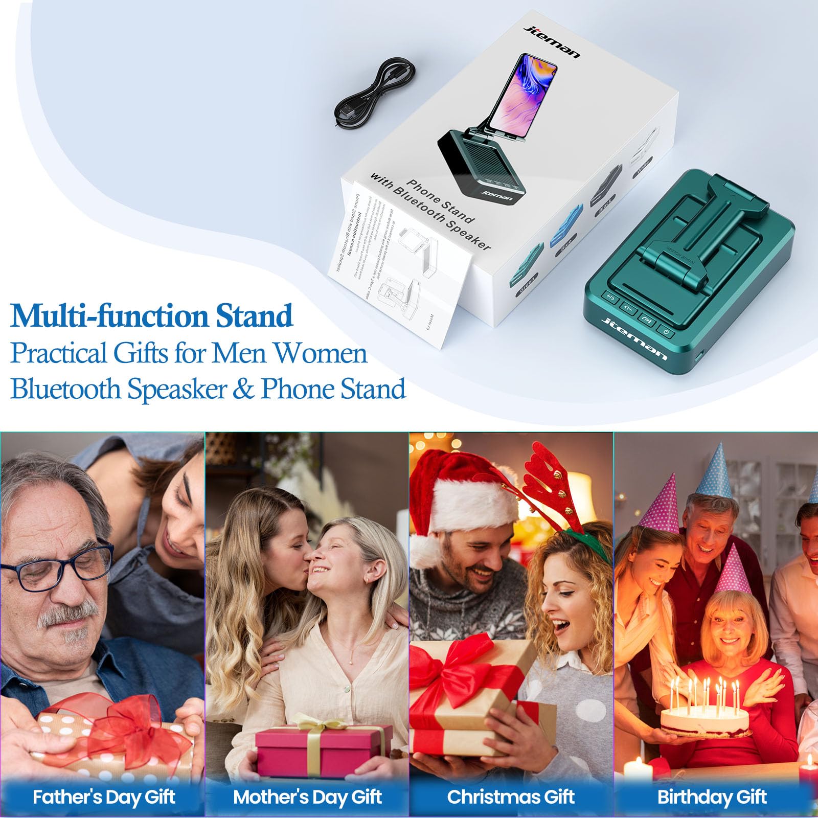 JTEMAN - Soporte para teléfono celular con altavoces inalámbricos Bluetooth, ángulo ajustable, fuerte pedestal para computadora, sonido HD y altavoz Bluetooth de graves compatible con todos los