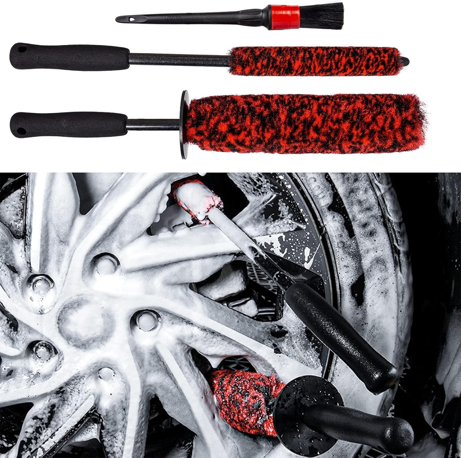 bzczh - Juego de 3 cepillos suaves para ruedas de limpieza, 1 cepillo para polvo sintético suave para llantas de coche, 1 cepillo para polvo de limpieza de mango largo y 1 cepillo para polvo de detalles de coche, rueda sucia limpia..