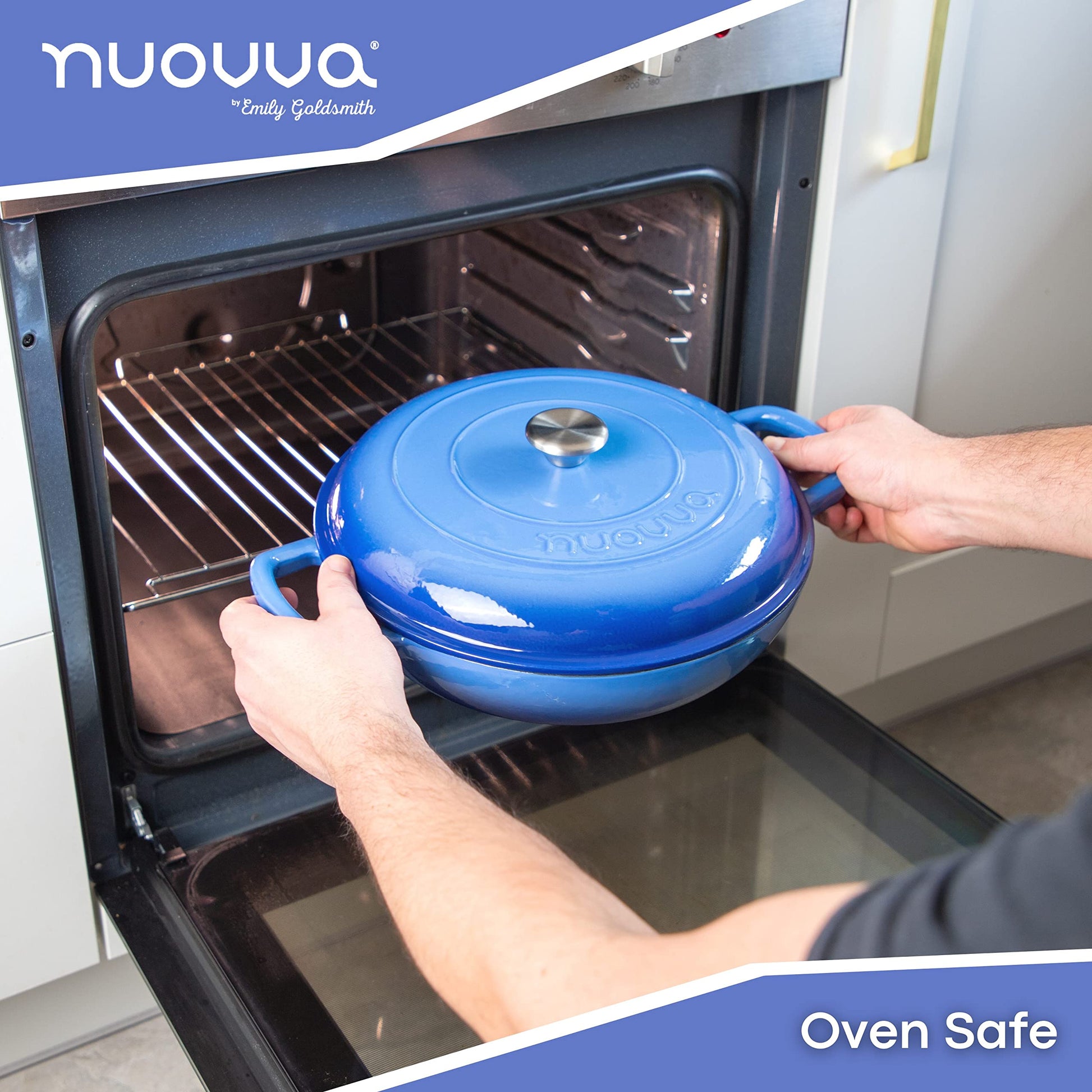 Nuovva - Horno holandés de hierro fundido con tapa, antiadherente poco profundo, apto para horno hasta 500 °F - Olla de cocina resistente - Olla esmaltada - Azul oscuro, 3.7 cuartos de galón, 30 cm