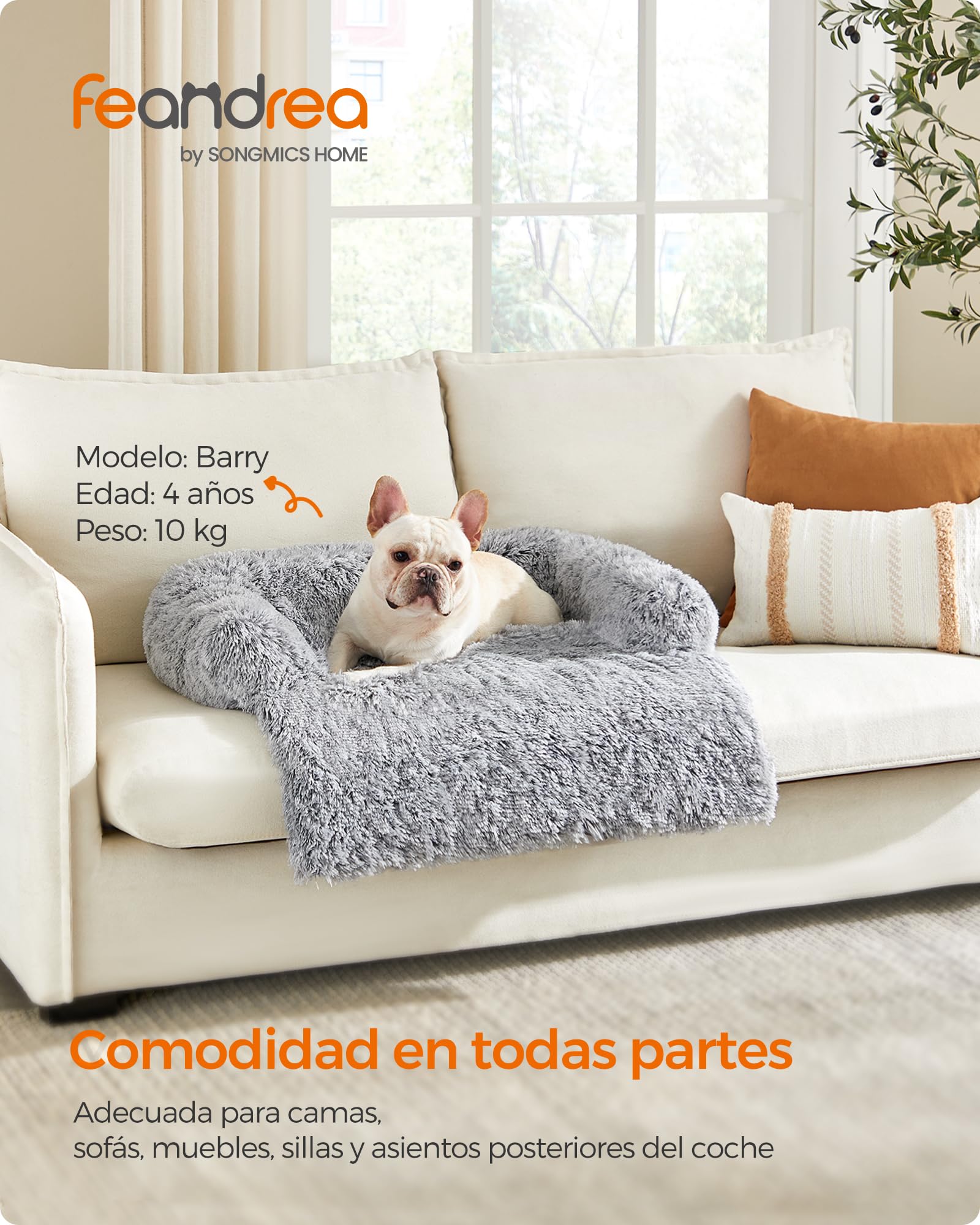 Feandrea Cama para Perros, Funda Protectora para Sofá, 80 x 75 x 16 cm, Tela de Felpa, M, para Perros Pequeños y Medianos,Gris Ombré MPGW221G01